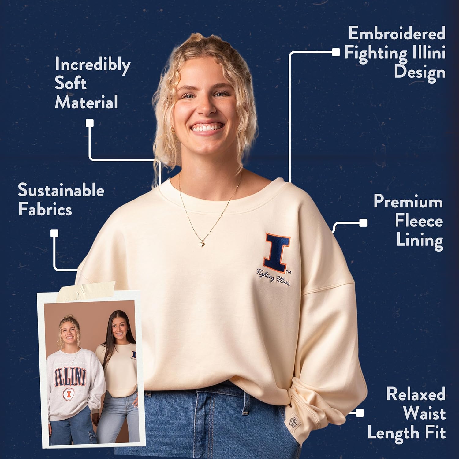 Fan Girl University of Illinois Women’s Sweatshirt, Super Soft Fighting Illini Modal Crewneck, Cream, Sizes S-3XL