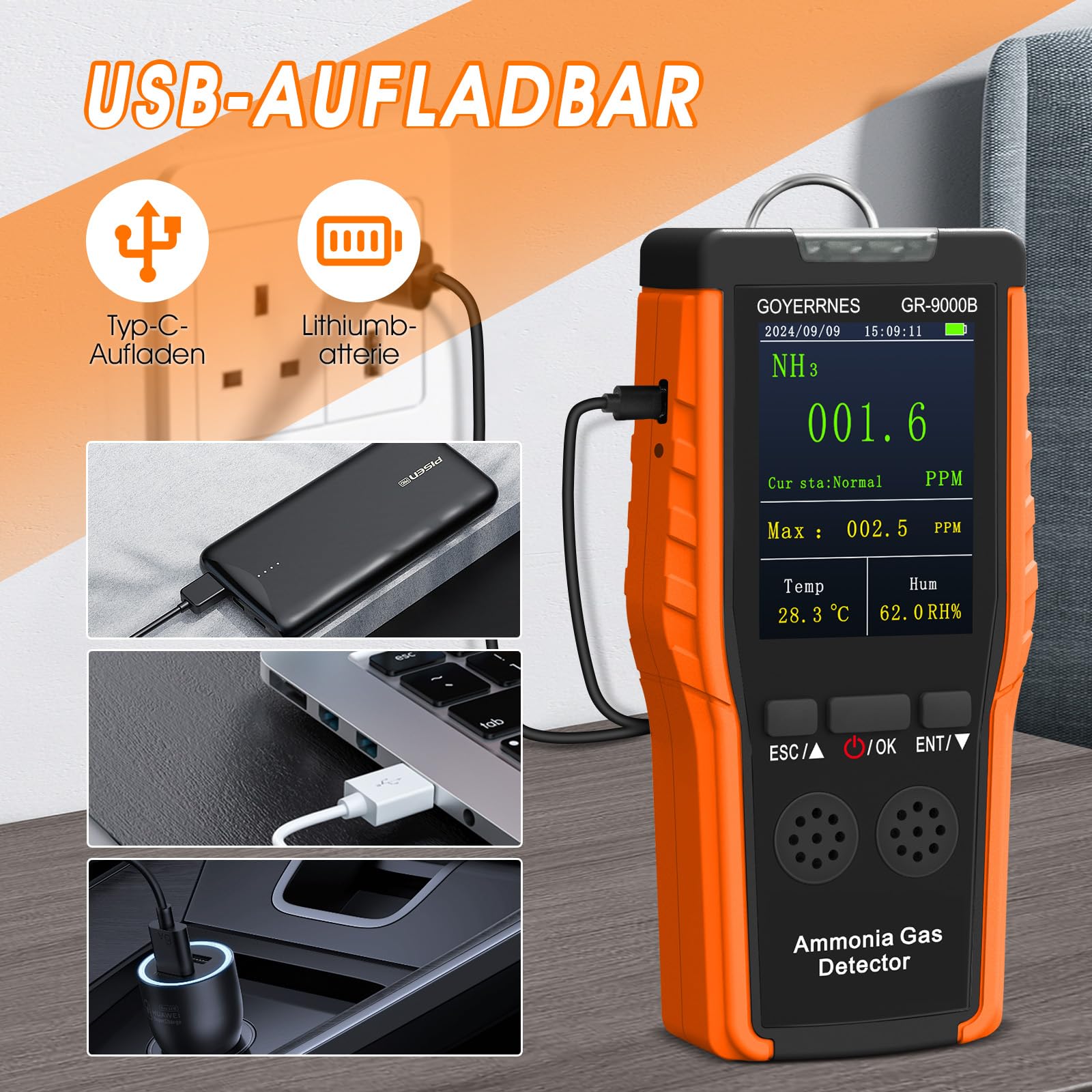 Ammoniak-Gasdetektor Tragbarer NH3 Gasdetektor mit Alarm Temperatur Luftfeuchtigkeit Digitaler Ammoniak-Dauerüberwachungssensor Bereich 0-100 PPM LCD-Bildschirm Wiederaufladbar Geeignet für Bauernhöfe