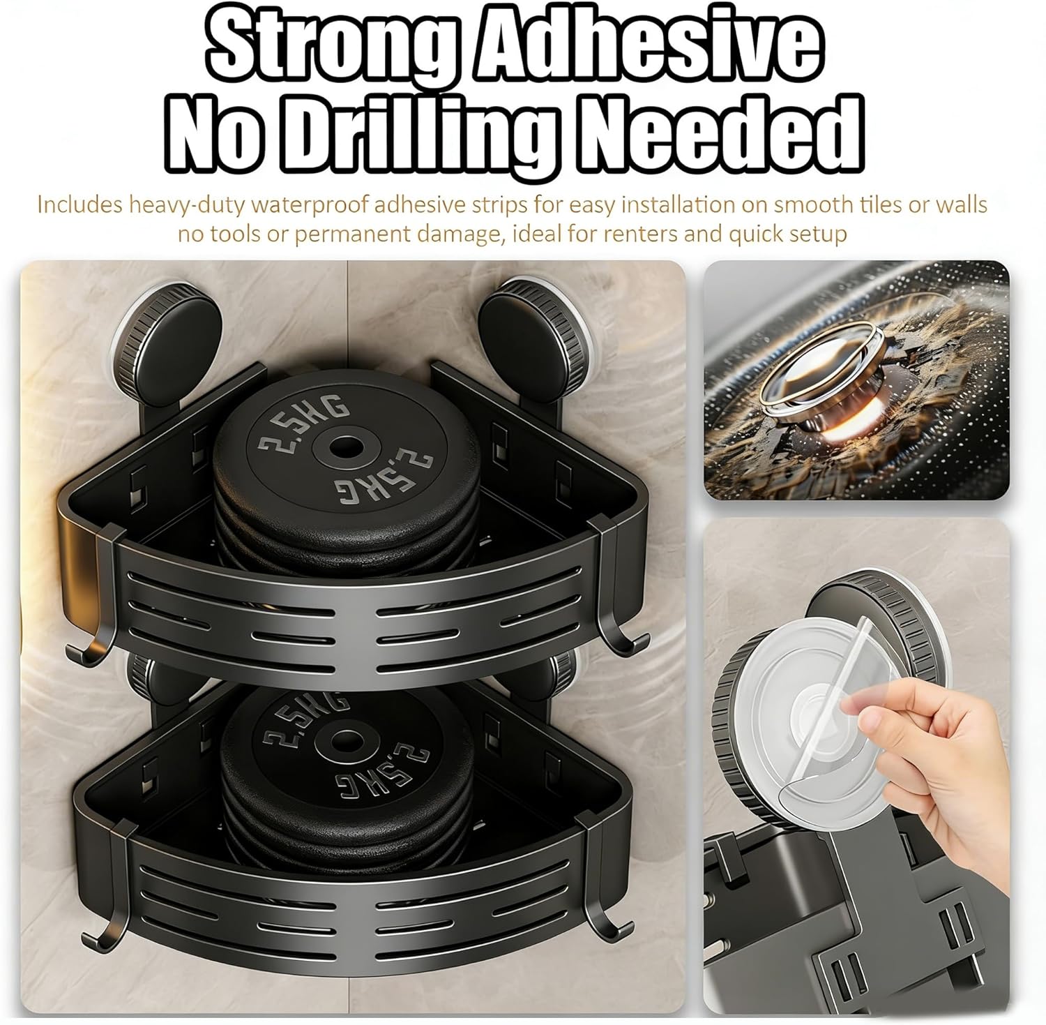 Triangle Suction Cup Shower Caddy, No Drill Bathroom Corner Shelf, 2-Tier Shower Organizer with Towel Bar & Hooks, Rust Resistant Shower Storage Rack for Bathroom (Black*3)