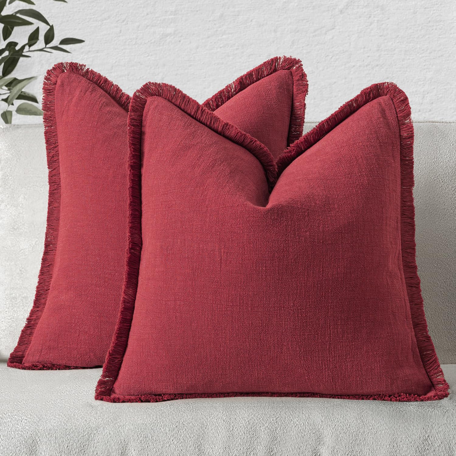 MIULEE Linen Fringe Decorative Euro Throw Pillow Covers Burgundy 22x22