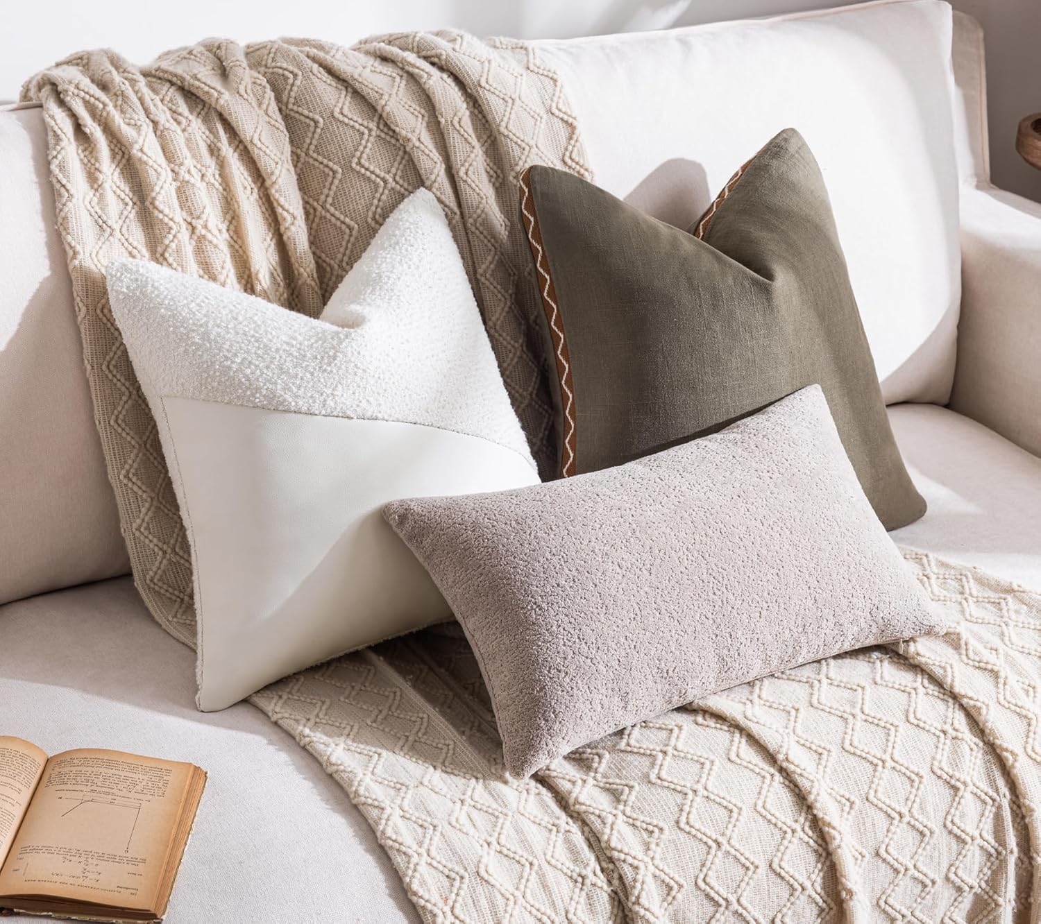 Boucle Throw Pillow Covers 22"x22" Set of 2, White Decorative Textured Cushion Covers with Faux Leather Patchwork, Boho Farmhouse Accent Pillowcases for Organic Aesthetic Home Decor