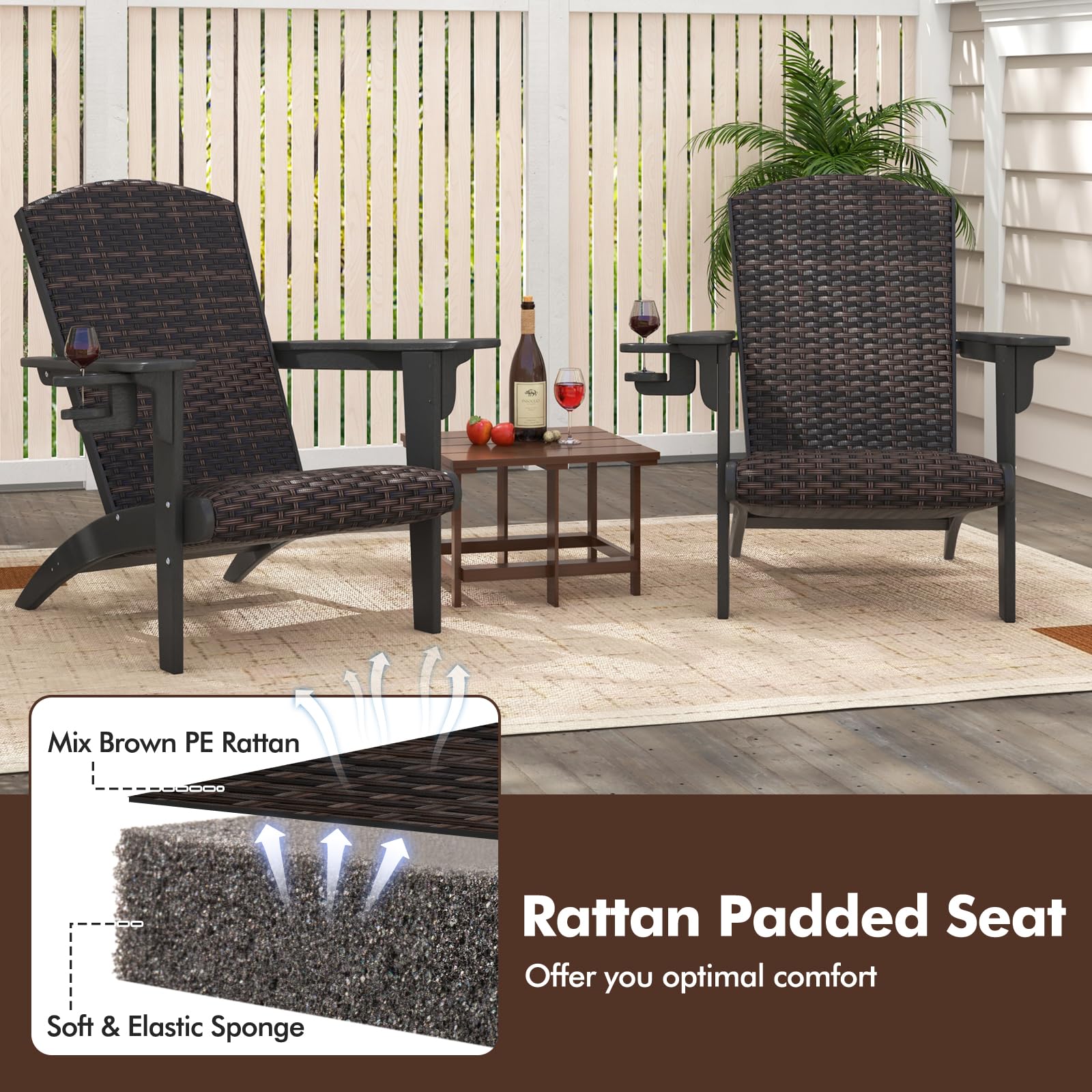 LIFEZEAL Sedia Adirondack da Esterno, in Plastica, Rattan PE, Imbottito da Spugna, con Braccioli, Portabicchiere, Resistente alle Intemperie, per Giardino, Terrazza, Patio, Aperto, Max 150kg (nero)