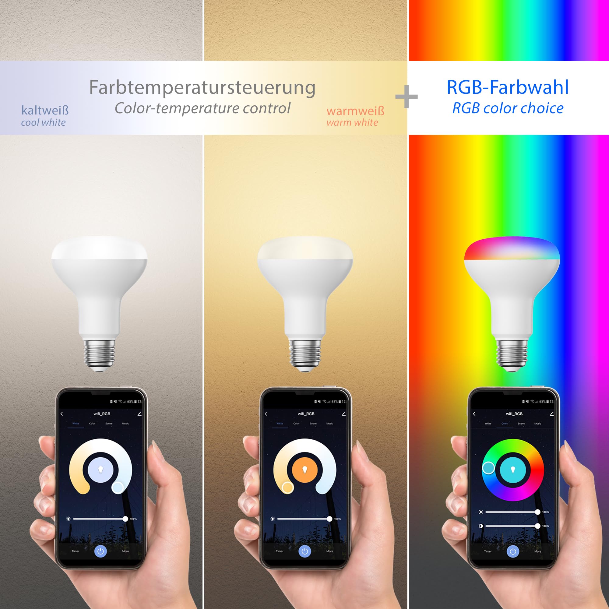 ledscom.de 4x E27 LED RGB Leuchtmittel, R80, warmweiß - kaltweiß (2700-6300 K), 9,9 W, 950lm, Smart Home, WLAN, Alexa, matt