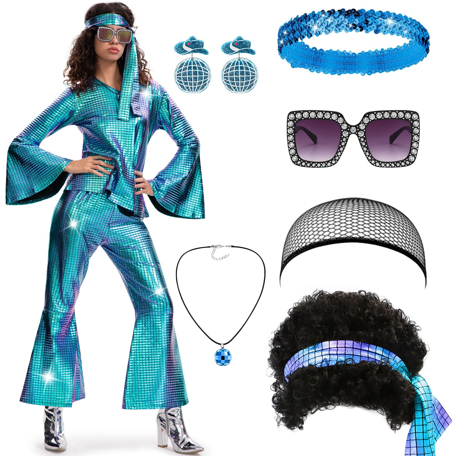Ulikey Disfraz Disco Mujer, 9 Piezas Disfraces Disco Años 70 Brillante Disfraz Abba Mujer con Pendientes, Collares, Gafas de Sol, Pelucas para Carnaval, Reuniones Familiares