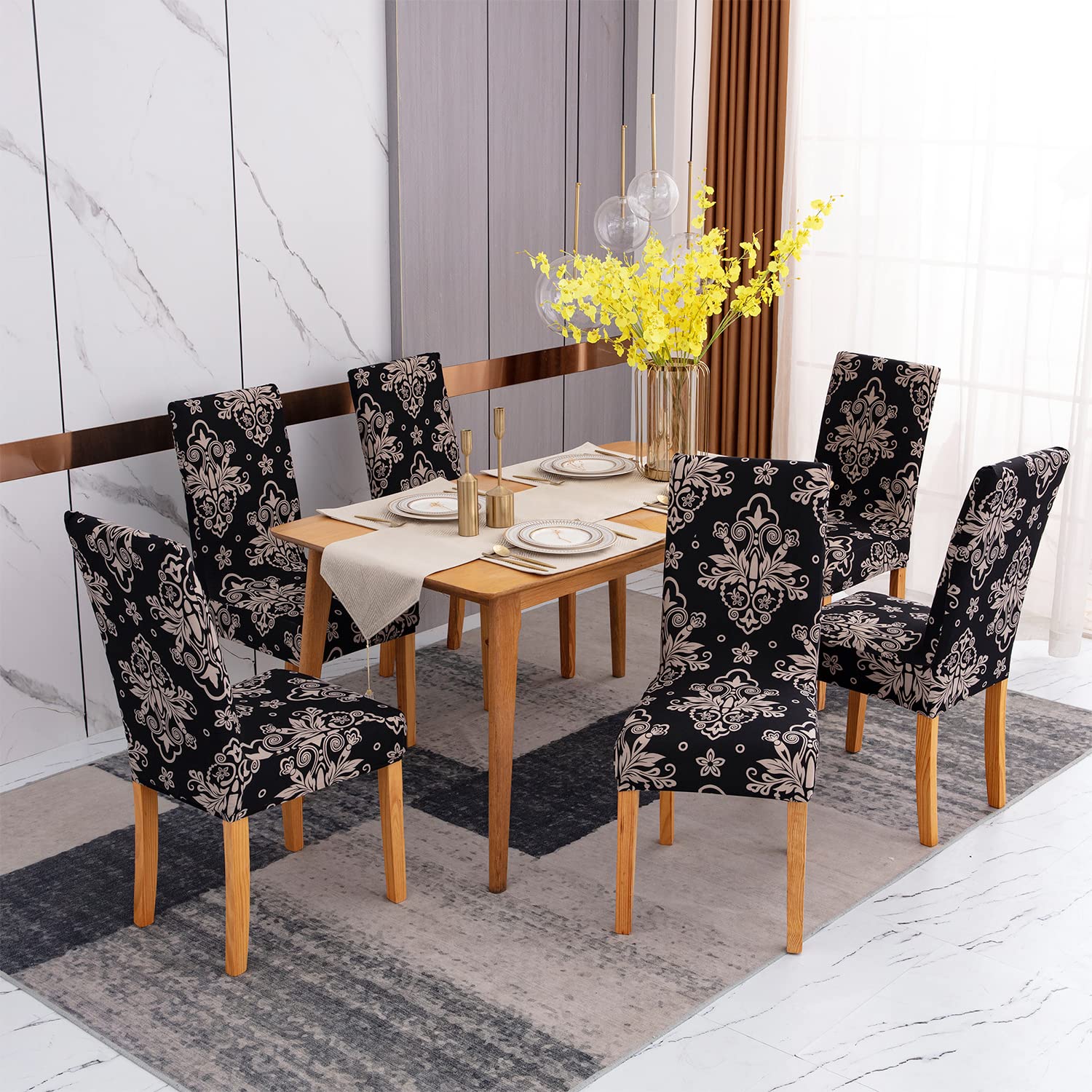 mafudoxi Stoelhoezen, set van 6, stretch, afneembaar, wasbaar, stretch, met elastische band, voor hotel, banket, restaurant, huis, feest, bruiloft (print-D, 6 stuks