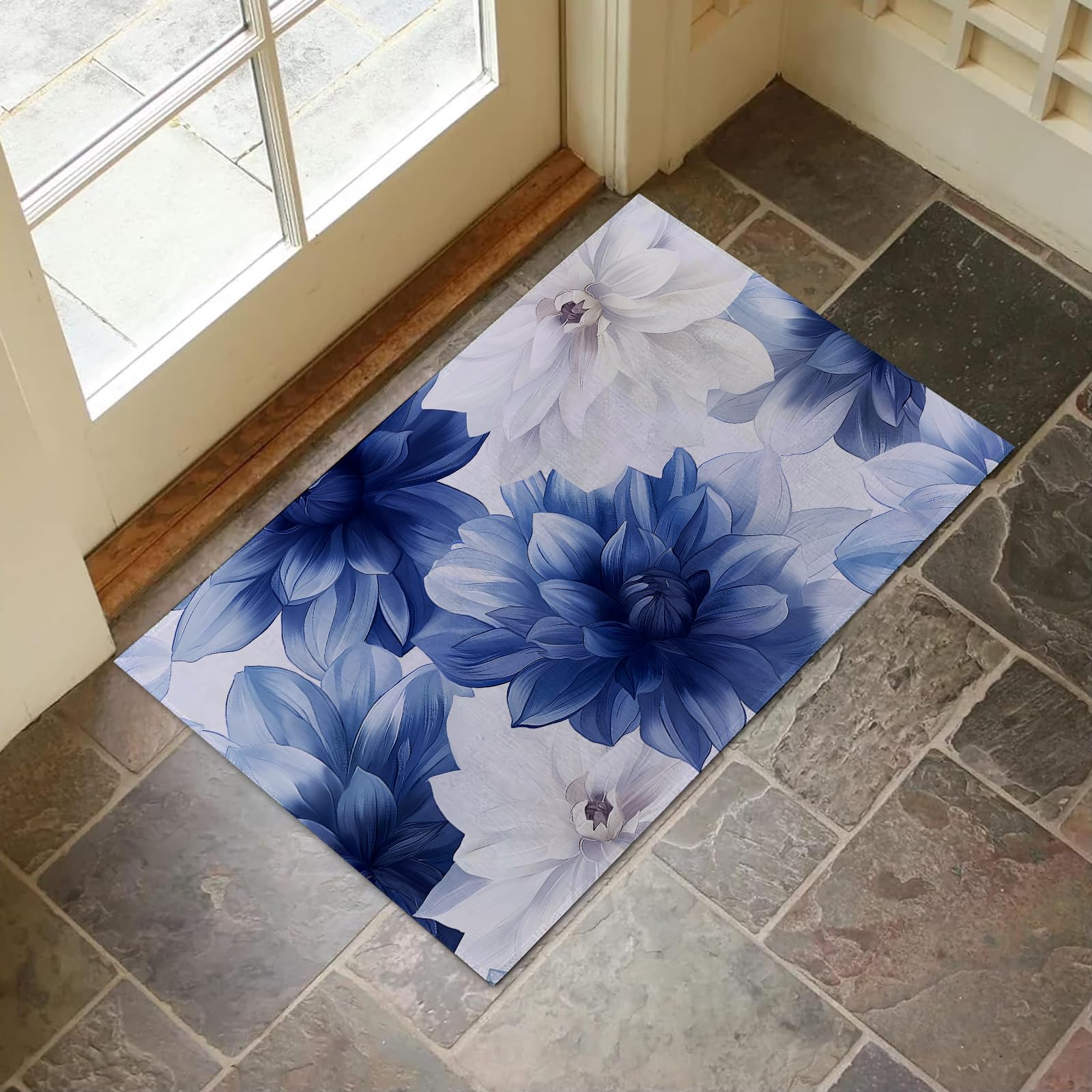 VANZEV Elegant Floral Indoor Door Mat for Entryway, 17x29.5 Inch, Blue and White Flower Floor Doormat for Home Decor, Non-Slip Rug Mat for Living Room