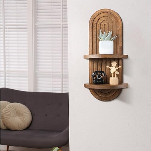 Miniatura 6 de Wenqik 2 estantes de pared bohemios con arco iris, estante flotante de madera de mediados de siglo, soporte colgante bohemio doble vintage,