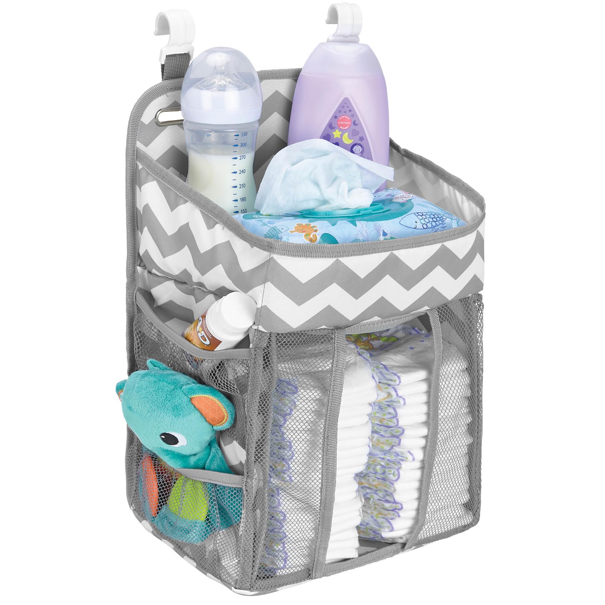 Hanging Nappy Caddy Organiser - Large Nursery Storage for Essential Newborn Baby Items - 2 Compartments, 3 Mesh Pockets - Durable Hooks to Hang on Bassinet, Changing Table, Crib - by Babywards-image-24