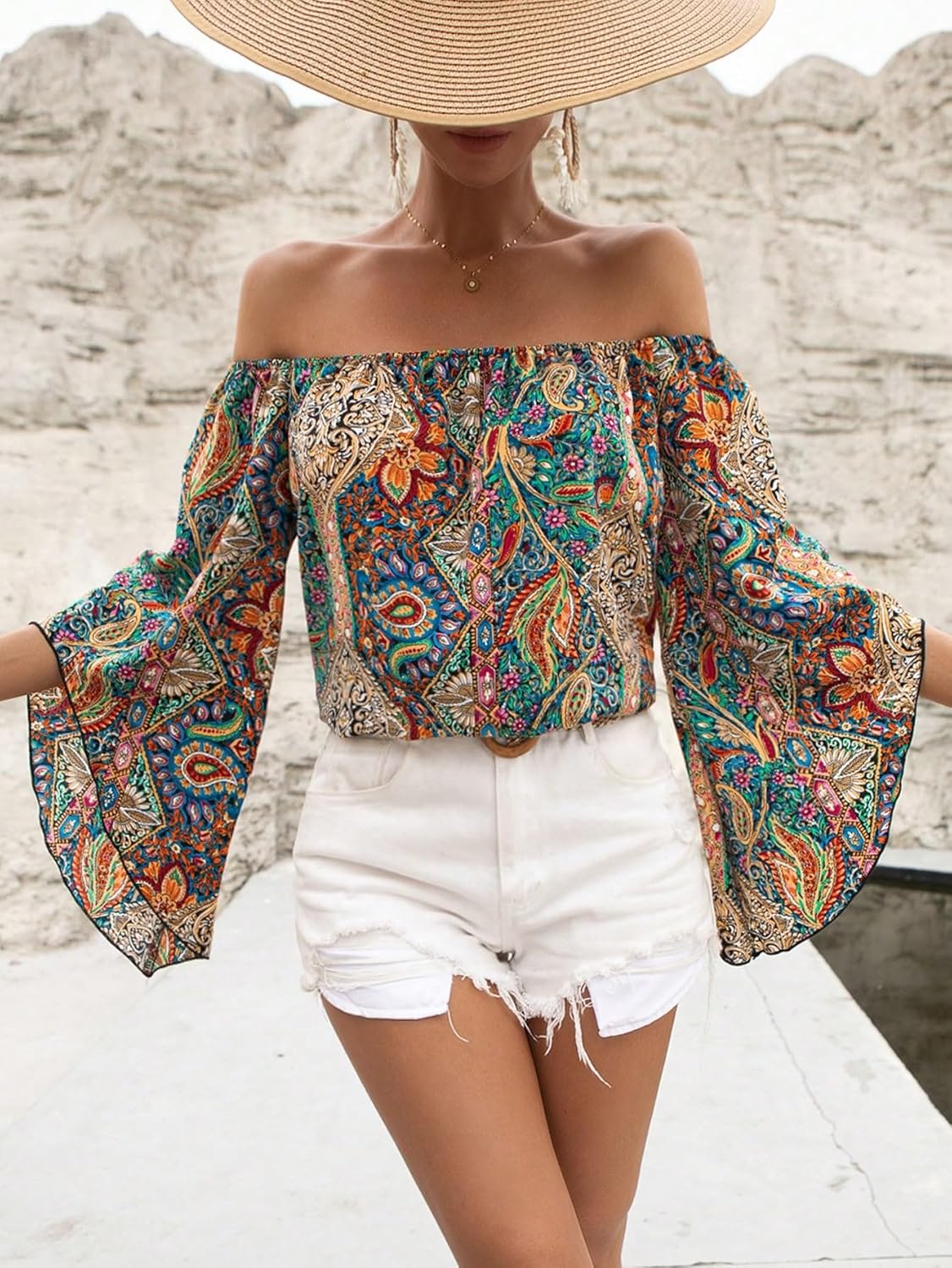 Floerns Women's Boho Off Shoulder 3/4 Bell Sleeve Summer Blouse Top - Image 5