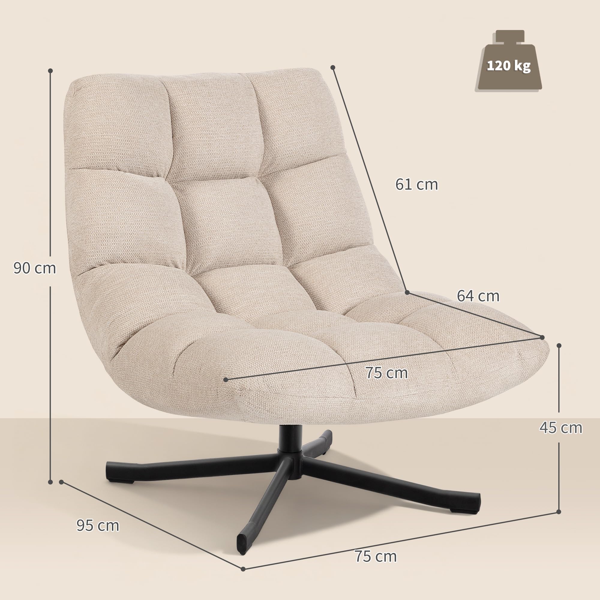 HOMCOM Sillón Giratorio Moderno, Butaca de Salón con Respaldo Plegable, Base de Cruz, Tapizado en Chenilla Impermeable, Asiento Extra Ancho y Patas de Acero, para Sala de Estar, Dormitorio, Crema