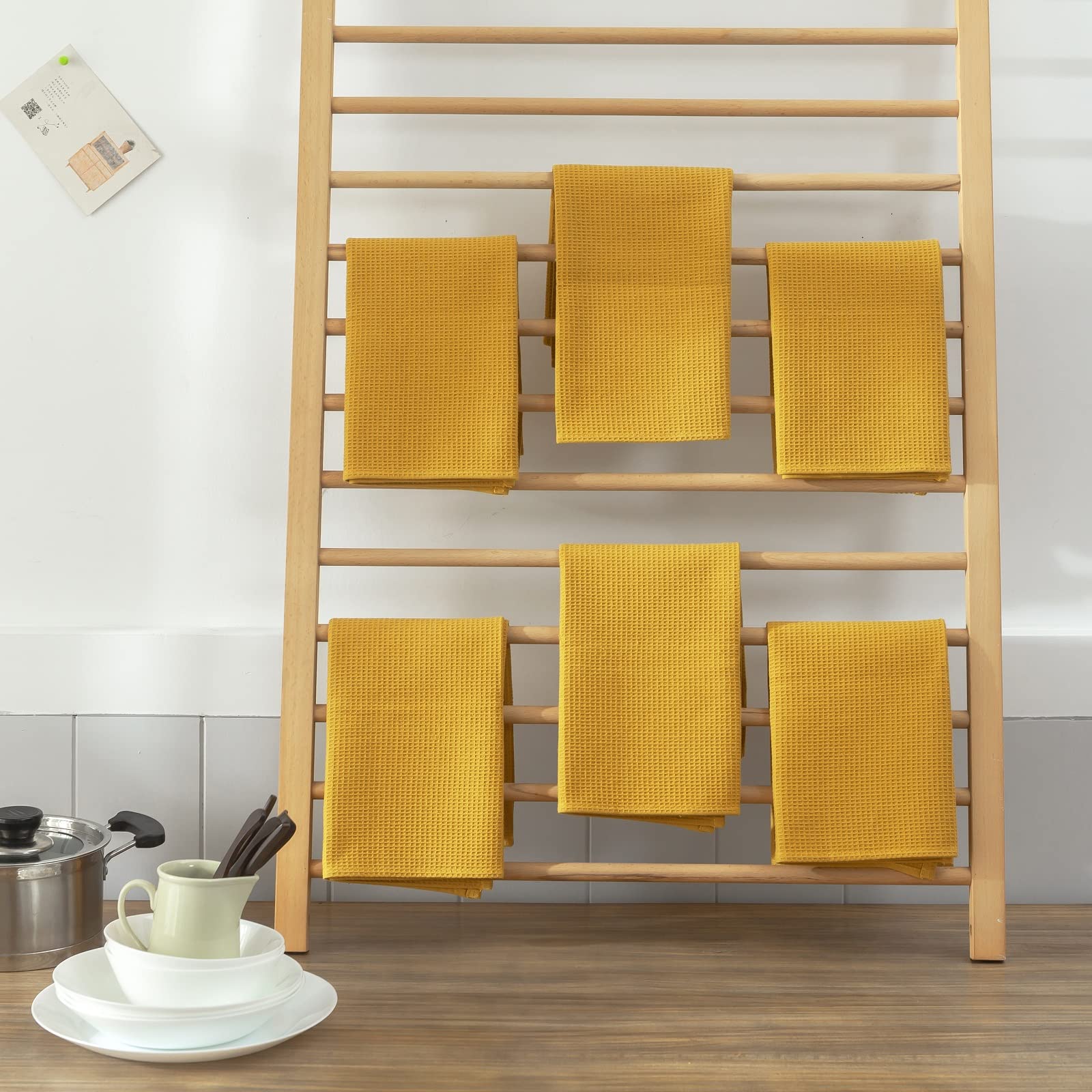 QUILTINA Geschirrtücher-Set, 100% Baumwolle, Waffelgewebe, Küchentücher, 6 Stück, 43,2 x 63,3 cm, Geschirrtücher für Küche, super saugfähig zum Trocknen und Reinigen (Senfgelb)