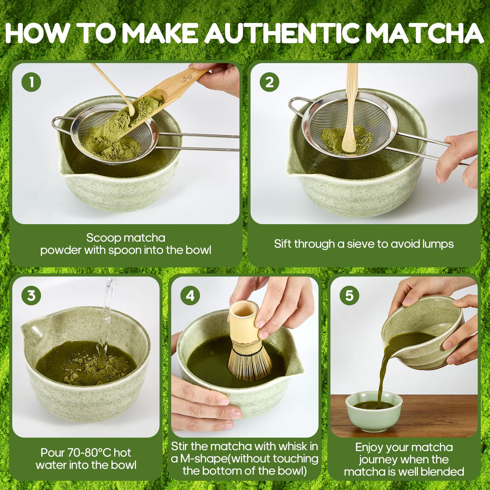 Matcha Kit, 6 Pezzi Set con Frusta per Matcha, Ciotola, 2 Cucchiaio, Setaccio e Supporto in Ceramica per Frusta, Ottimo Regalo Artigianale Tradizionale per gli Amanti del Matcha (Verde)