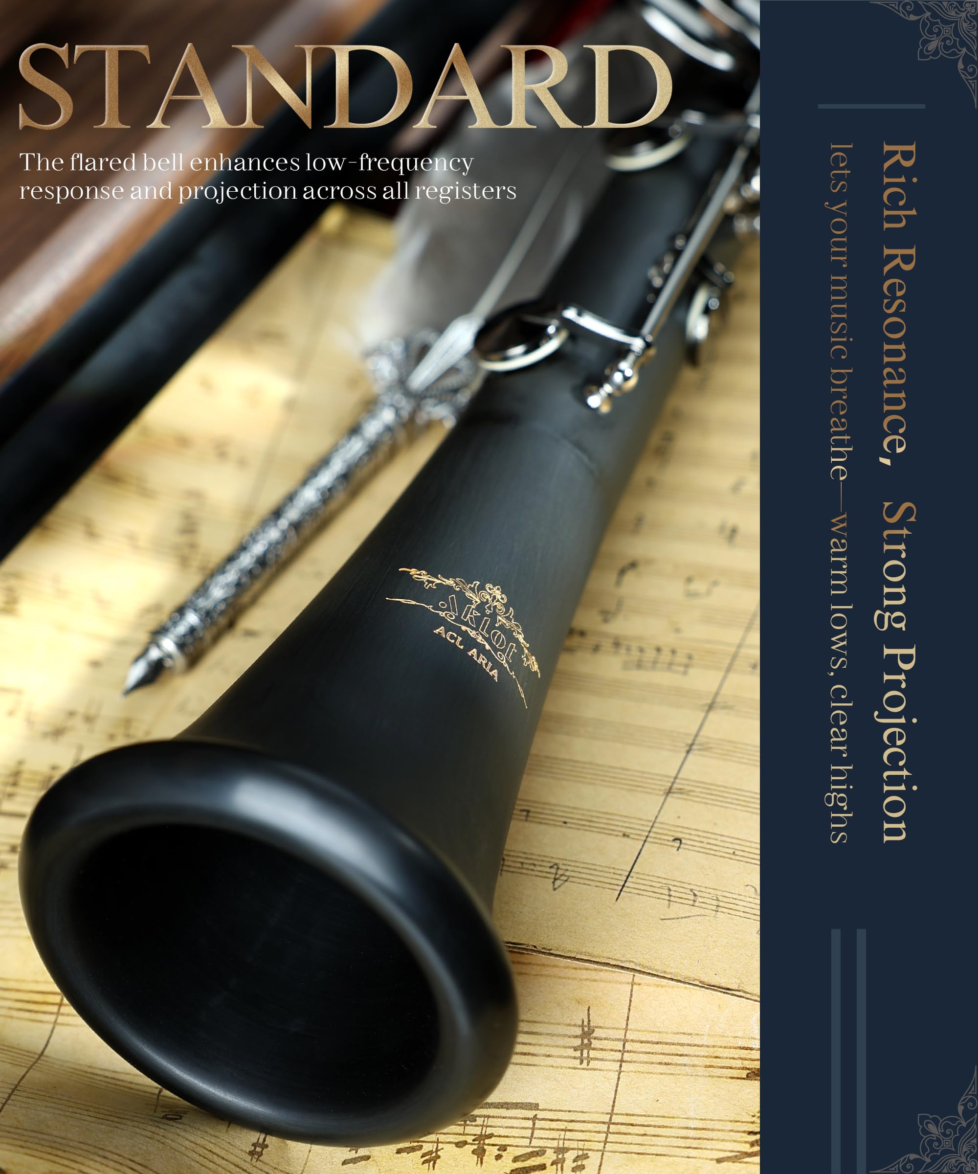 AKLOT B Flat Concert Clarinet: Precision Tone Hole Design for Stable Intonation, Durable Black Nickel Keys, Including Leather Hard Case, Barrel, Stand, Full Cleaning Kit (Aria-EN)