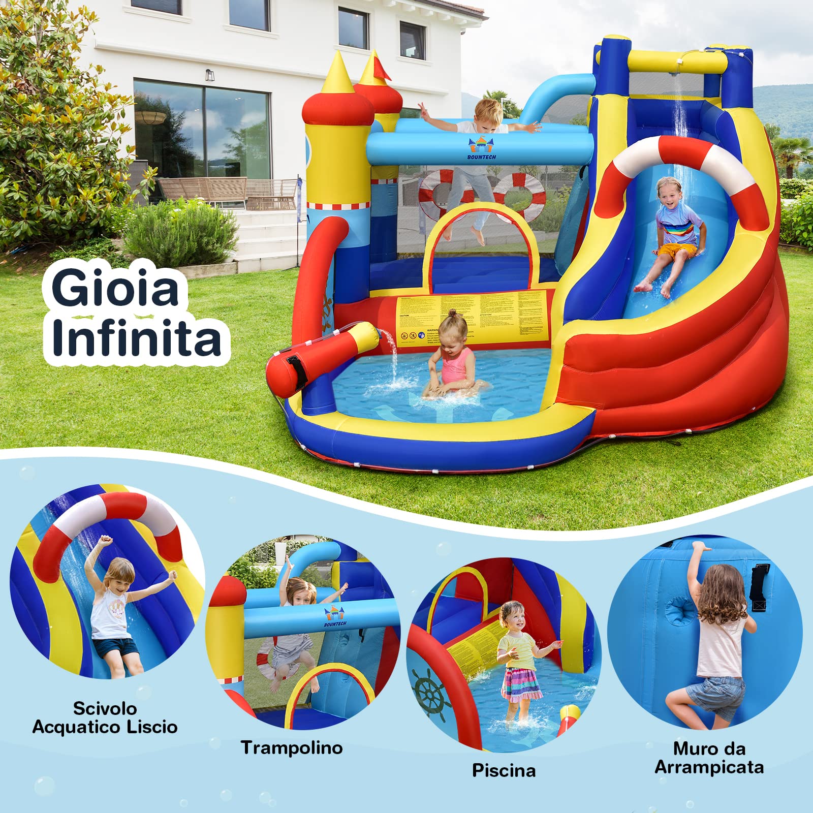 COSTWAY Castello Gonfiabile per bambini, Casa Gonfiabile con Scivolo, Area per Saltare, Piscina, con Borsa di Trasporto e Kit di Riparazione, per 4 Bambini di 3-12 Anni (Senza soffiatore)
