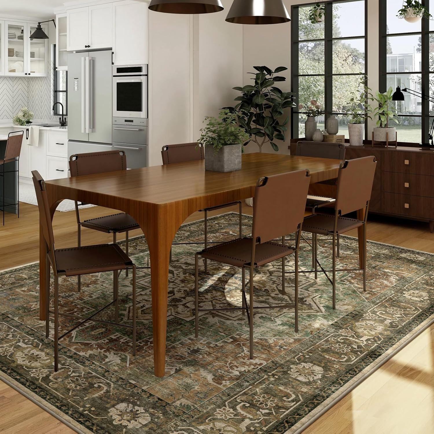 5x7 Machine Washable Area Rug for Living Room, Brown Green Boho Vintage Floral Rug Large Non-Slip Low Pile Soft Faux Wool Carpet, Kids and Pets Friendly for Bedroom Dining Room Farmhouse Decor Rug