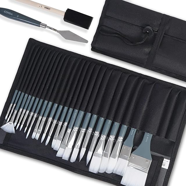 Conda 27 Pcs Artist Paint Brush Set , Include 24 Different Shape Brushes, Mixing Knife, 1 Foam Brush with Canvas Roll for Acrylic, Watercolor, Gouache, Oil, Paint by Number