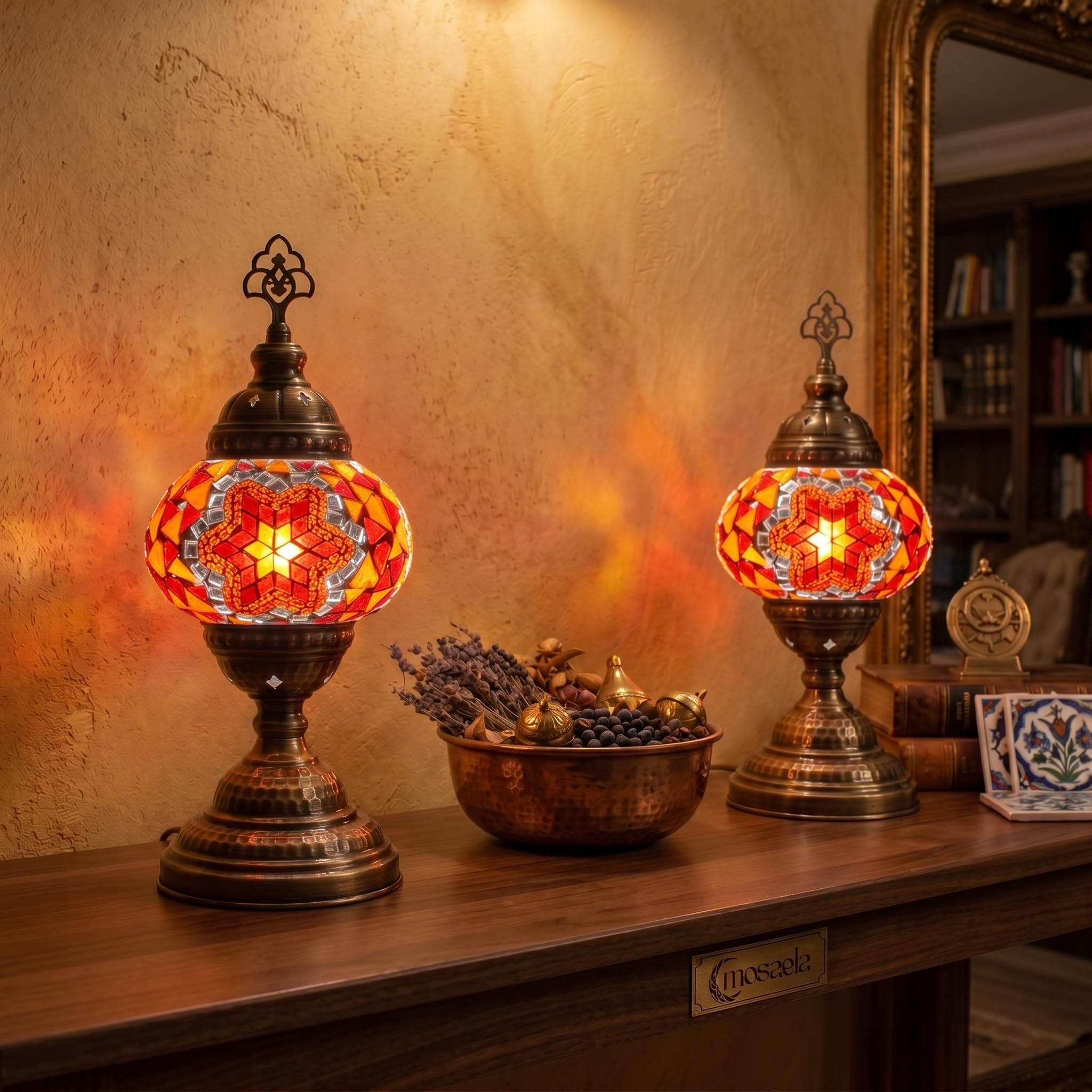 2X Turkish Moroccan Mosaic Table Lamp Stained Glass Bedside Light with 3 Color Options LED Bulb (Red and Orange)