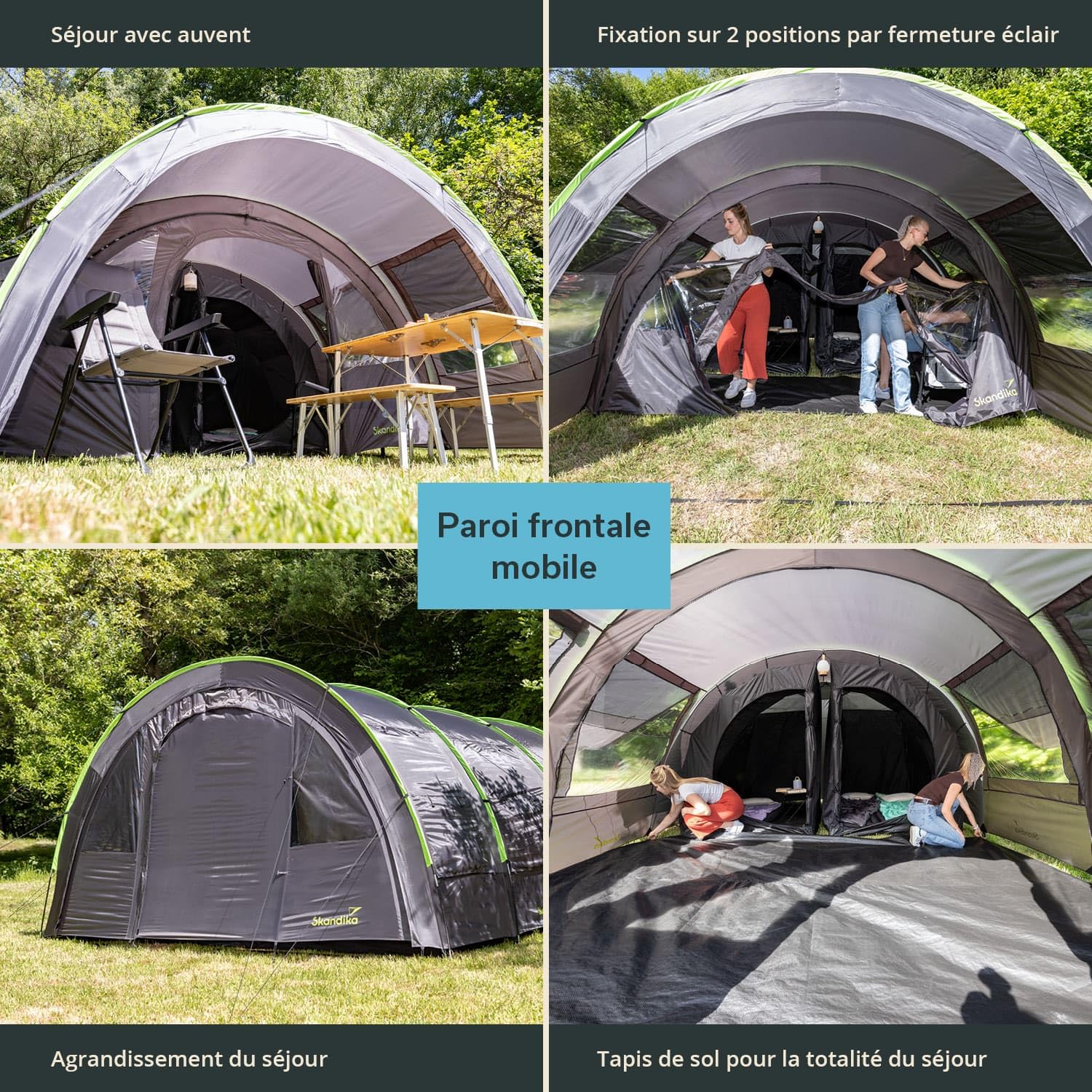 Skandika Tente tunnel Kemi pour 4 personnes | Tente de camping, 2 cabines de couchage, hauteur 2 m, 4 places, colonne d'eau 3000 mm, paroi frontale amovible, auvent | Tente de camping, tente familiale
