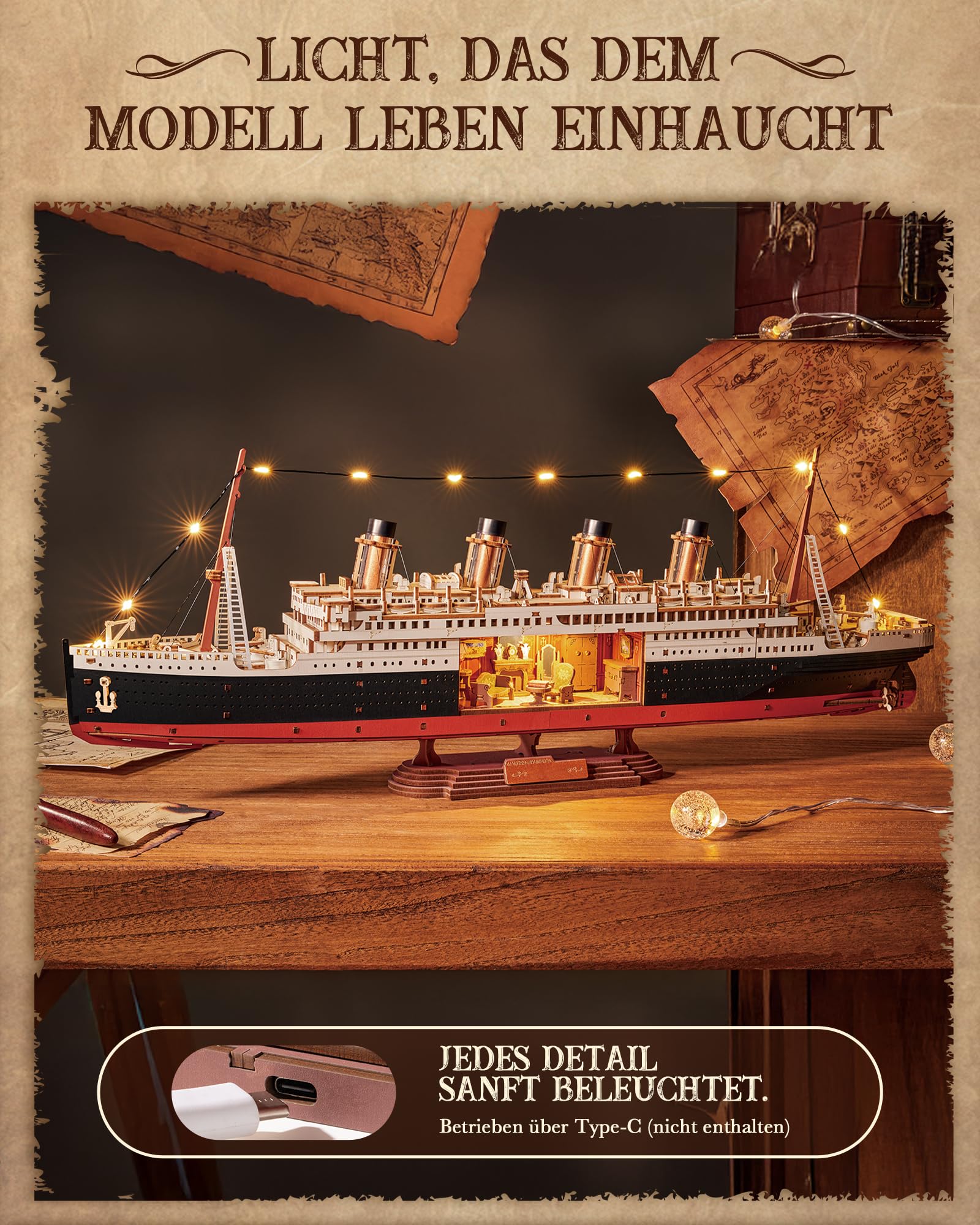 ROBOTIME 3D Holzpuzzle 1912 Eternal Atlantic Voyager, Modellbausatz für Erwachsene zum Selberbauen, Wohnraumdekoration, handgefertigte Geschenke für Erwachsene und Jugendliche