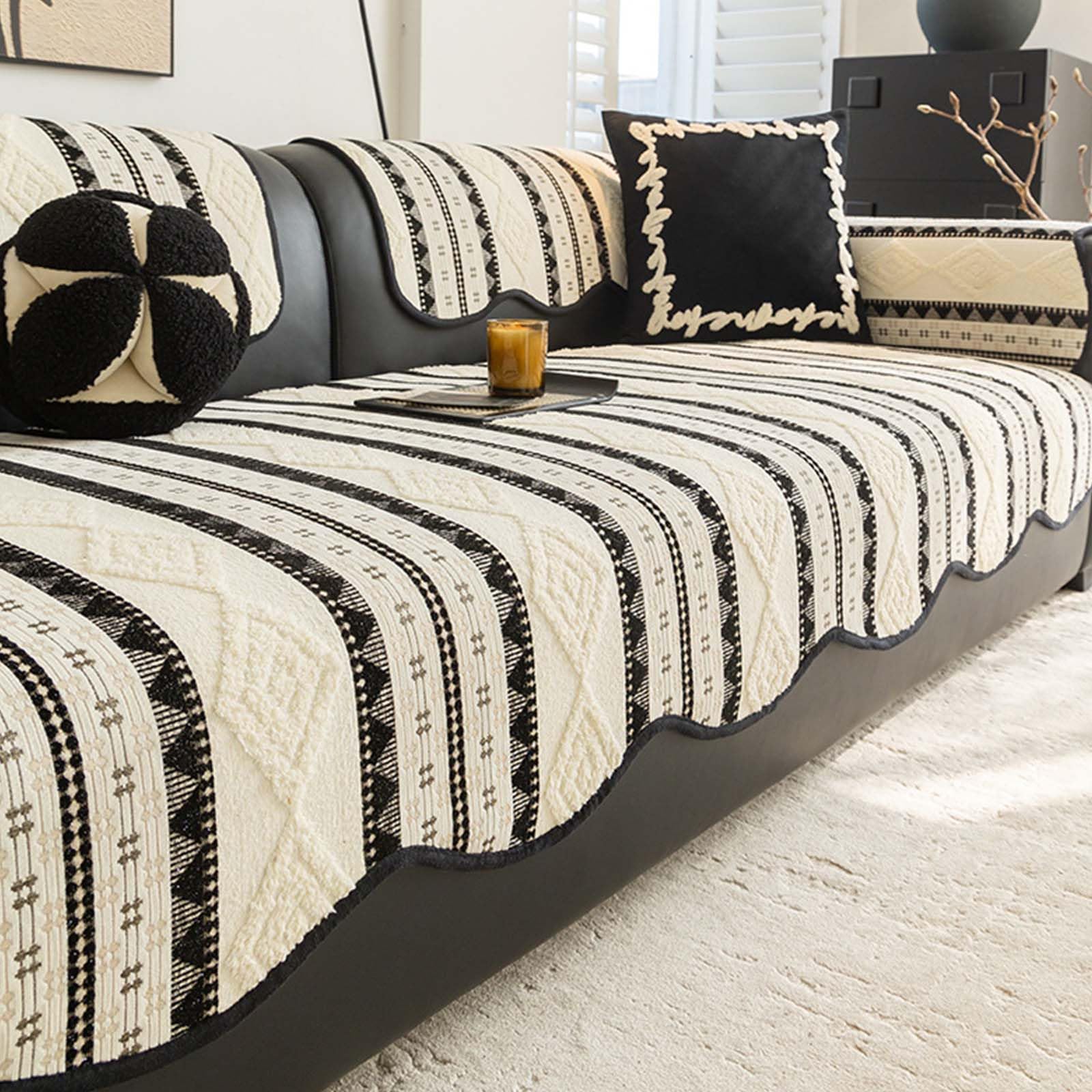 Copertura Antiscivolo in Chenille, Cuscino Morbido Spesso per Divano 1/2/3/4 Posti, Copripoltrona Universale a Righe per Tutte le Stagioni Black 70 * 240cm