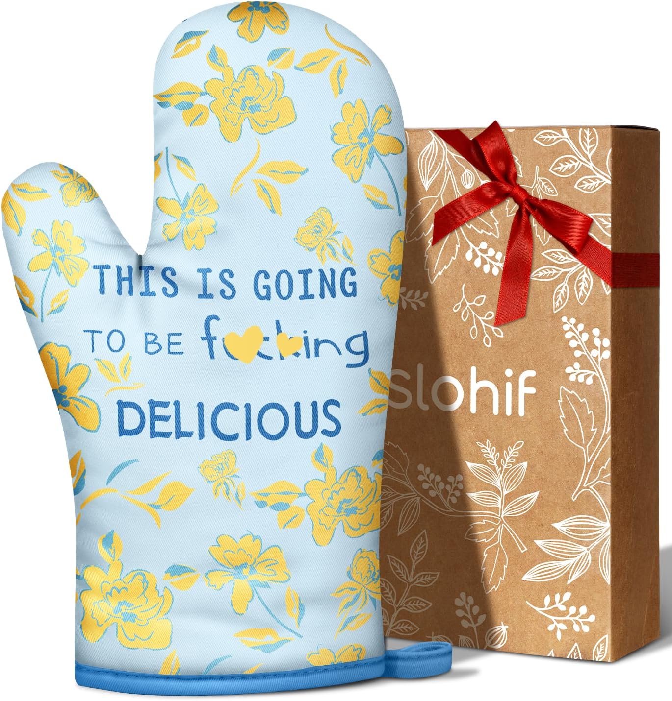 Slohif Funny Oven Mitt Heat Resistant for Women - 1 Pack Blue Cute Novelty Cool Kitchen Oven Mittens with 100% Cotton for Baking and Cooking Accessories (Yellow Flower)