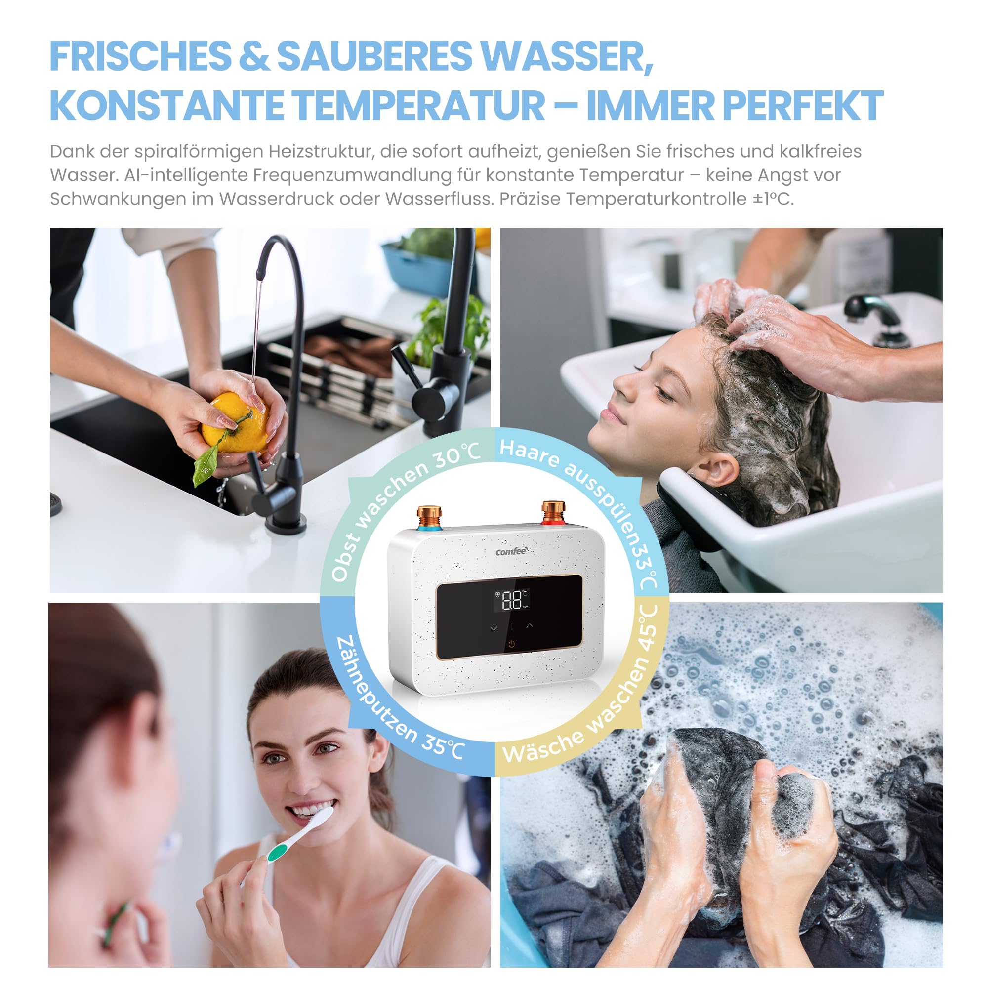COMFEE' CWH3.5EA1W Mini Durchlauferhitzer 3,6 kW für Handwaschbecken, Elektrische Durchlauferhitzer Klein 230V Untertisch, Elektronisch geregelt, Druckfest, Sofortige Warmwasserbereitung, Platzsparend
