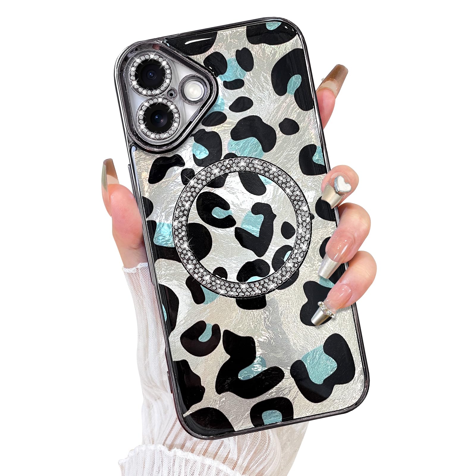 Fiyart Designed for iPhone 16 Case,Compatible with MagSafe Plating Diamond Camera Protection Cheetah Leopard Print Glitter Magnetic for Women Men