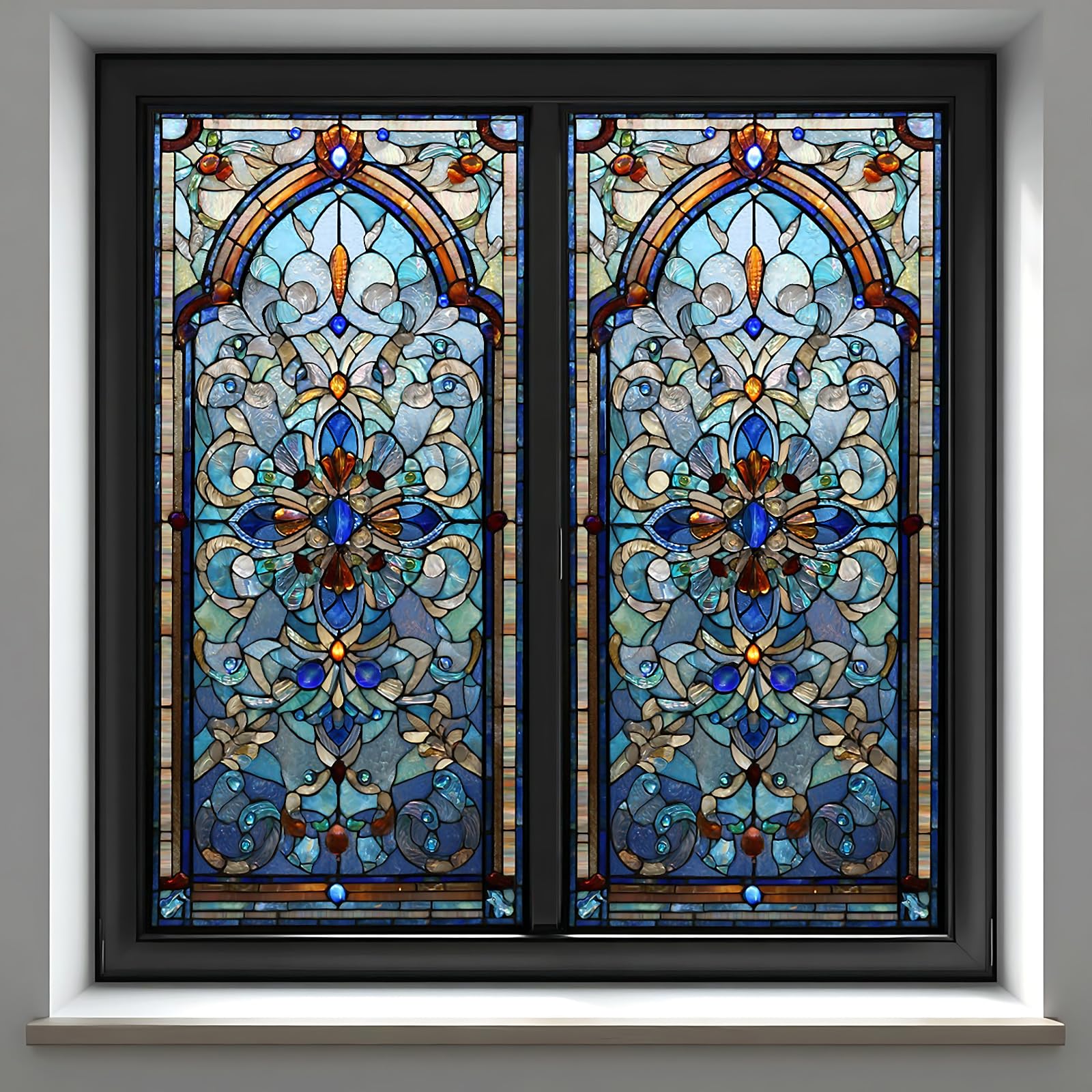 Photo 1 of KKYEJLQYI Vintage Stained Glass Window Film, Adhesive-Free, 17.5x39.4 inches