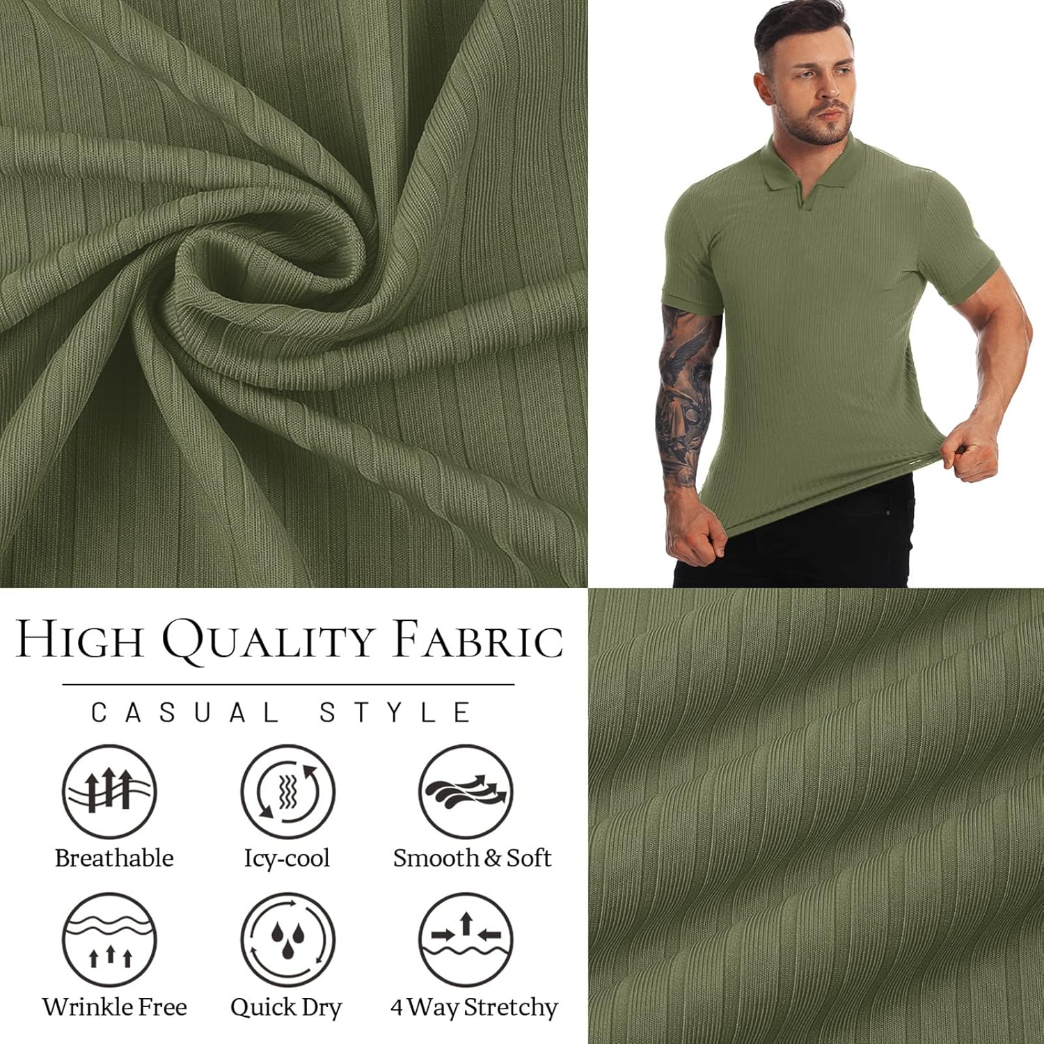 Collared Muscle Shirts for Men Ribbed Knit Slim Fit Polo Shirts Short Sleeve, Mens V Neck T Shirts Casual Stylish - Image 5