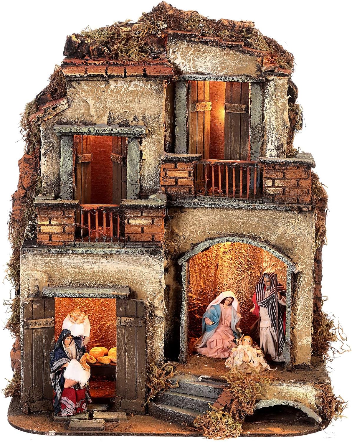 Nativity House Block of Woman Bread 25x30x25 Neapolitan Nativity Scene 8 cm, with figurinesStatues Height: 8 cm|Height: 27 cm|Width: 29 cm|Depth: 25 cm