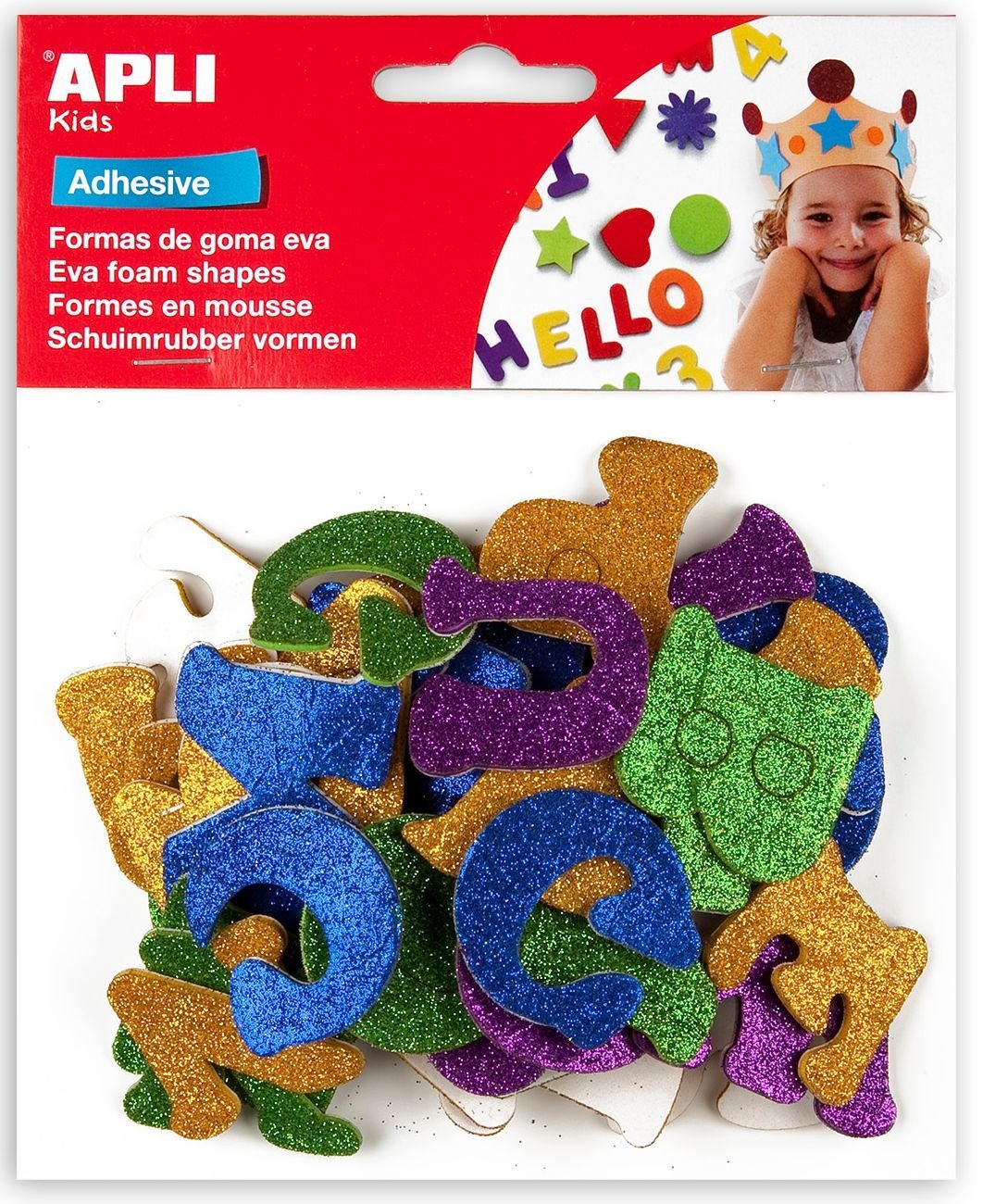 APLI Kids 13487 – Bag Shapes EVA Adhesive Glitter Shapes Letters Colour, 52 pcs