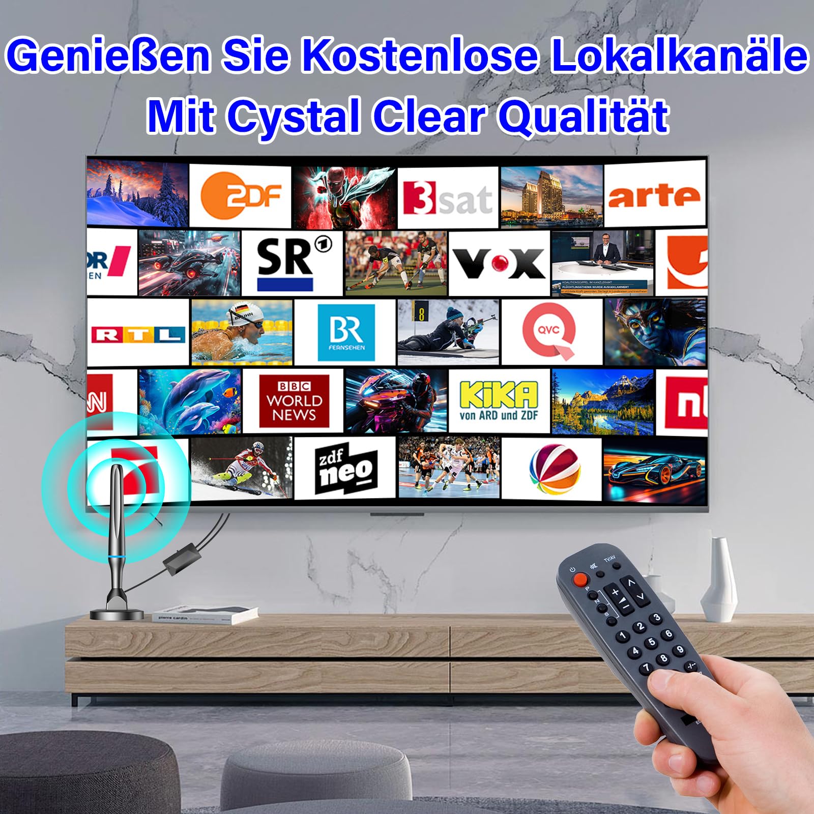 Antena DVBT2, antena DVB-T y DVB-T2 con amplificador, gran alcance y recepción de 360°, antena interior para televisores con base magnética fuerte, adecuada para 4K 1080p y todos los televisores
