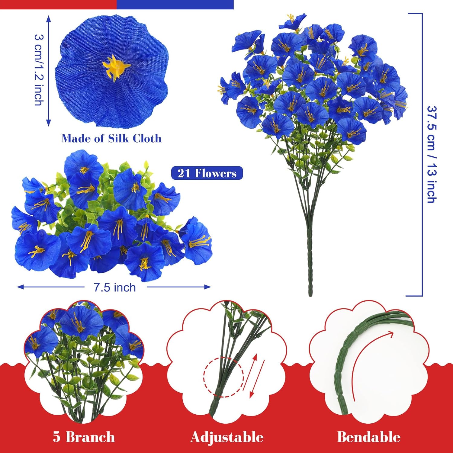 Dingion 12 Pcs Red White Blue Artificial Flower Petunias UV Resistant Patriotic Outdoor Decoration for July 4th Independence Day National Day Short Stem Plastic Flowers for Pot Window Planter Garden