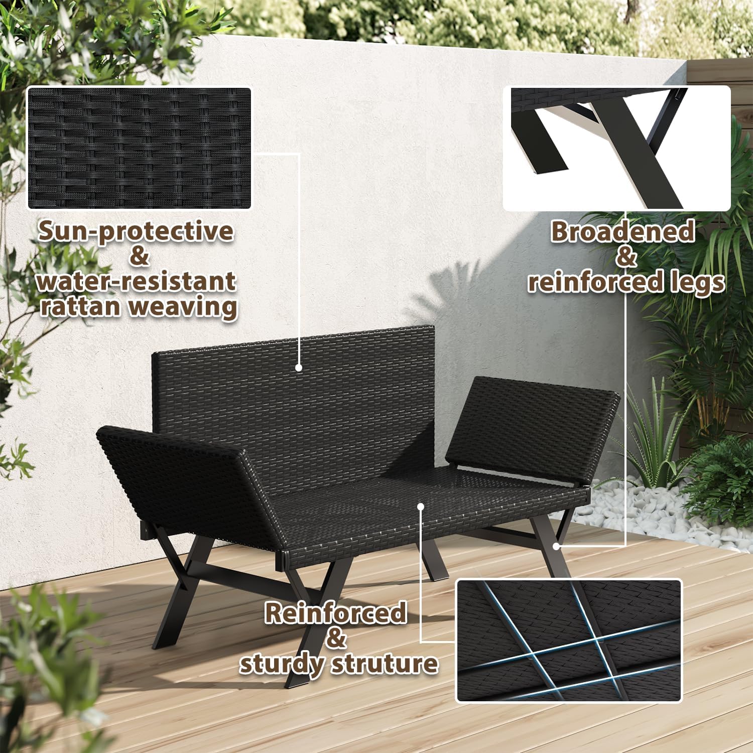LEMBERI Outdoor Convertible Sofa, Daybed Couch with Adjustable Armrests, Woven Rattan Patio Loveseat or Double Chair with Soft Cushions and Backrest Pillows for Patio, Poolside, Yard, Porch, Lake Blue