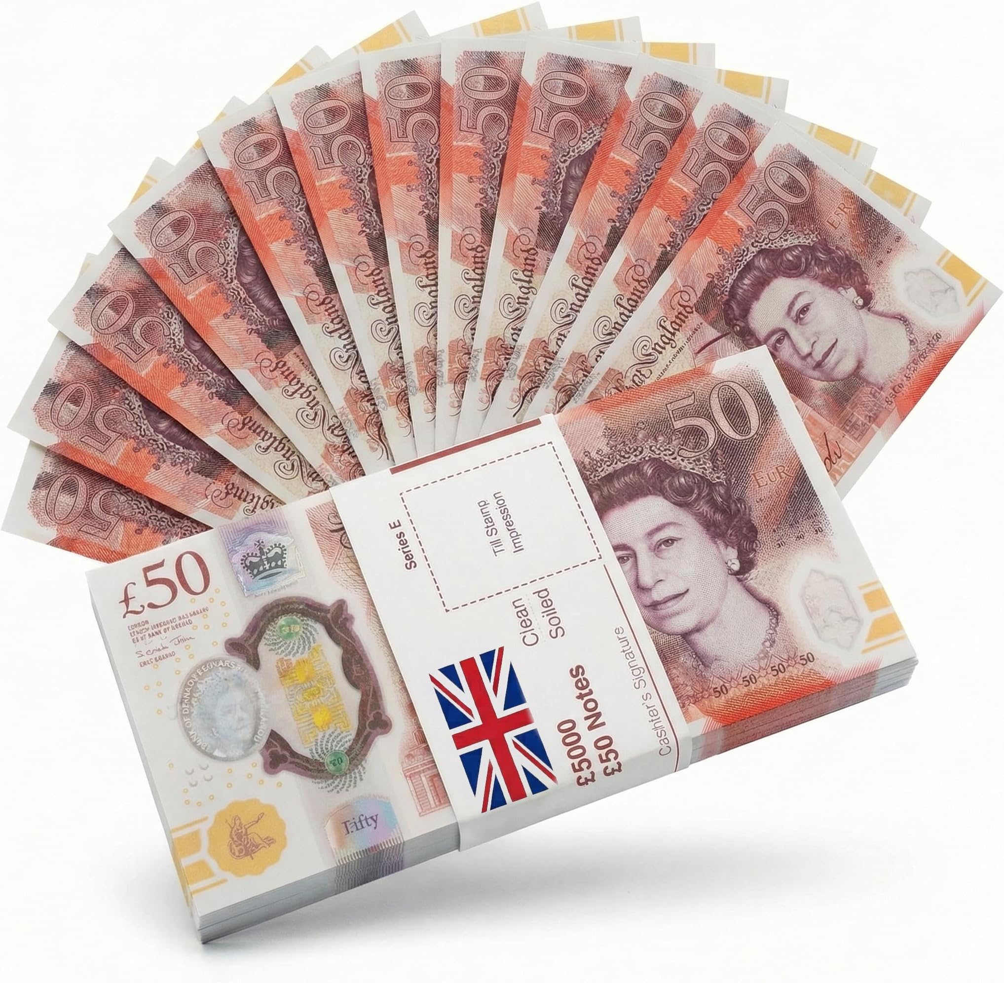 Big Screen Stacks x100 50 Fake Prop Money Notes 5,000 stack 2021 Edition Extra Bank Strap Perfect for Movies, Youtube, Social Media, Play, Education, Casino game, Photo Booth, 182.5mm x 96.25mm