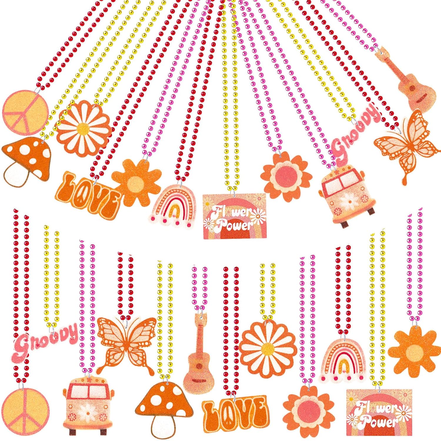 Huquary 48 Pcs Groovy Beaded Necklaces Metallic Retro Hippie Boho Party Necklaces Bulk Daisy Rainbow Peace Retro Party Favors for Women Groovy Birthday Party Supplies, 12 Styles