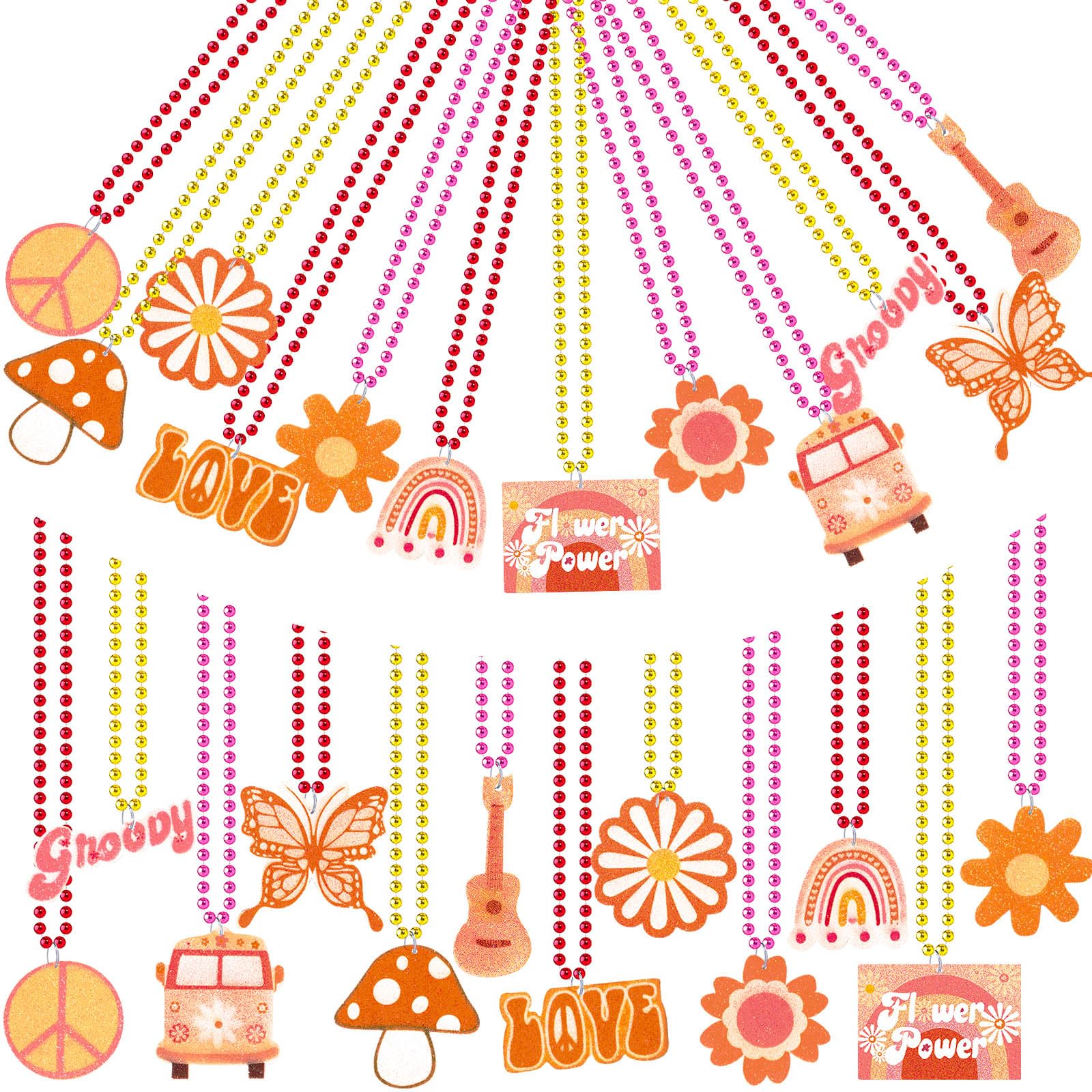 Photo 1 of Huquary 48 Pcs Groovy Beaded Necklaces Metallic Retro Hippie Boho Party Necklaces Bulk Daisy Rainbow Peace Retro Party Favors for Women Groovy Birthday Party Supplies, 12 Styles