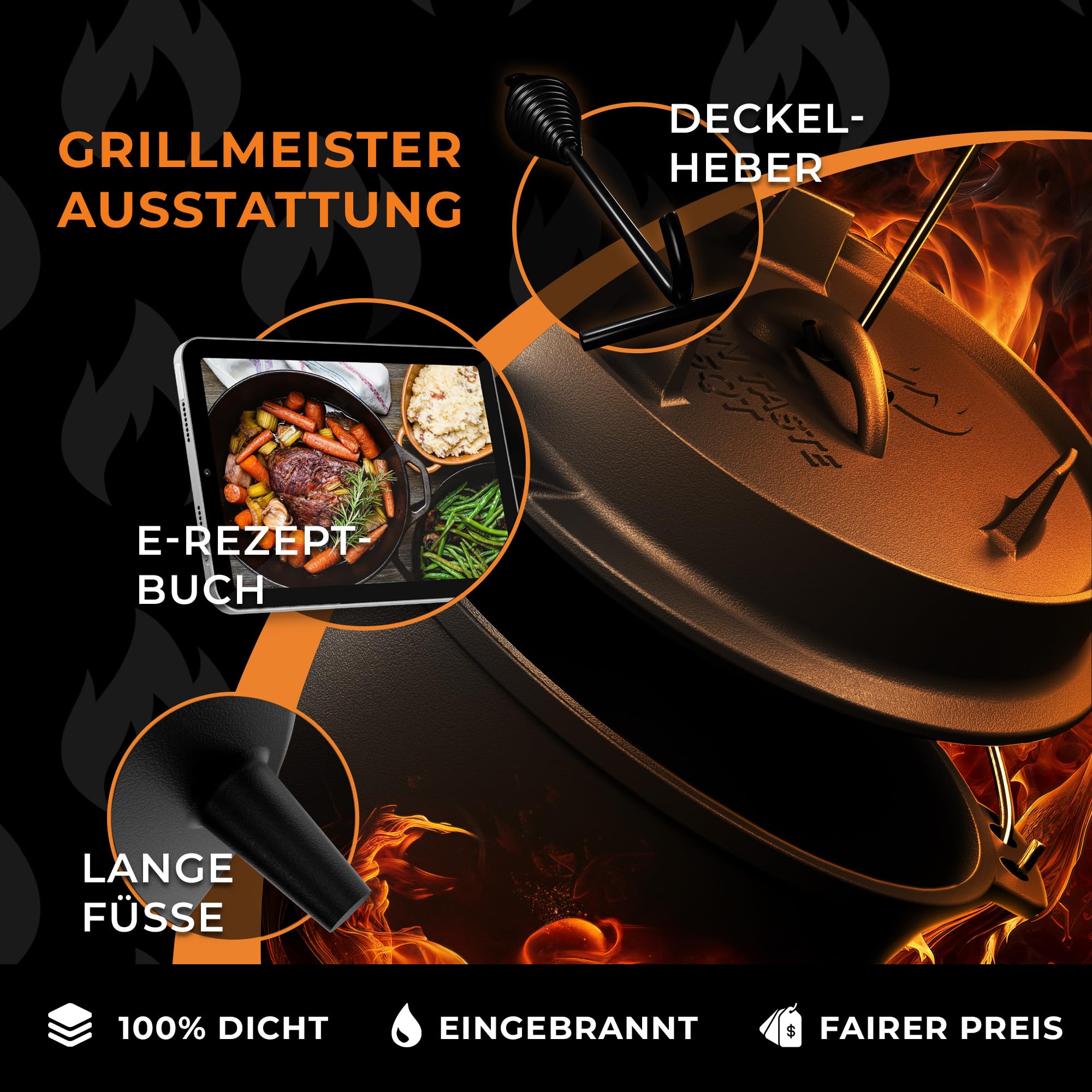 Dutch Oven Set 12L - Eingebrannter Dutch Oven 12 Liter - Feuertopf Gusseiserner Topf mit Füßen & mit praktischem Deckelheber [für 10-16 Personen]