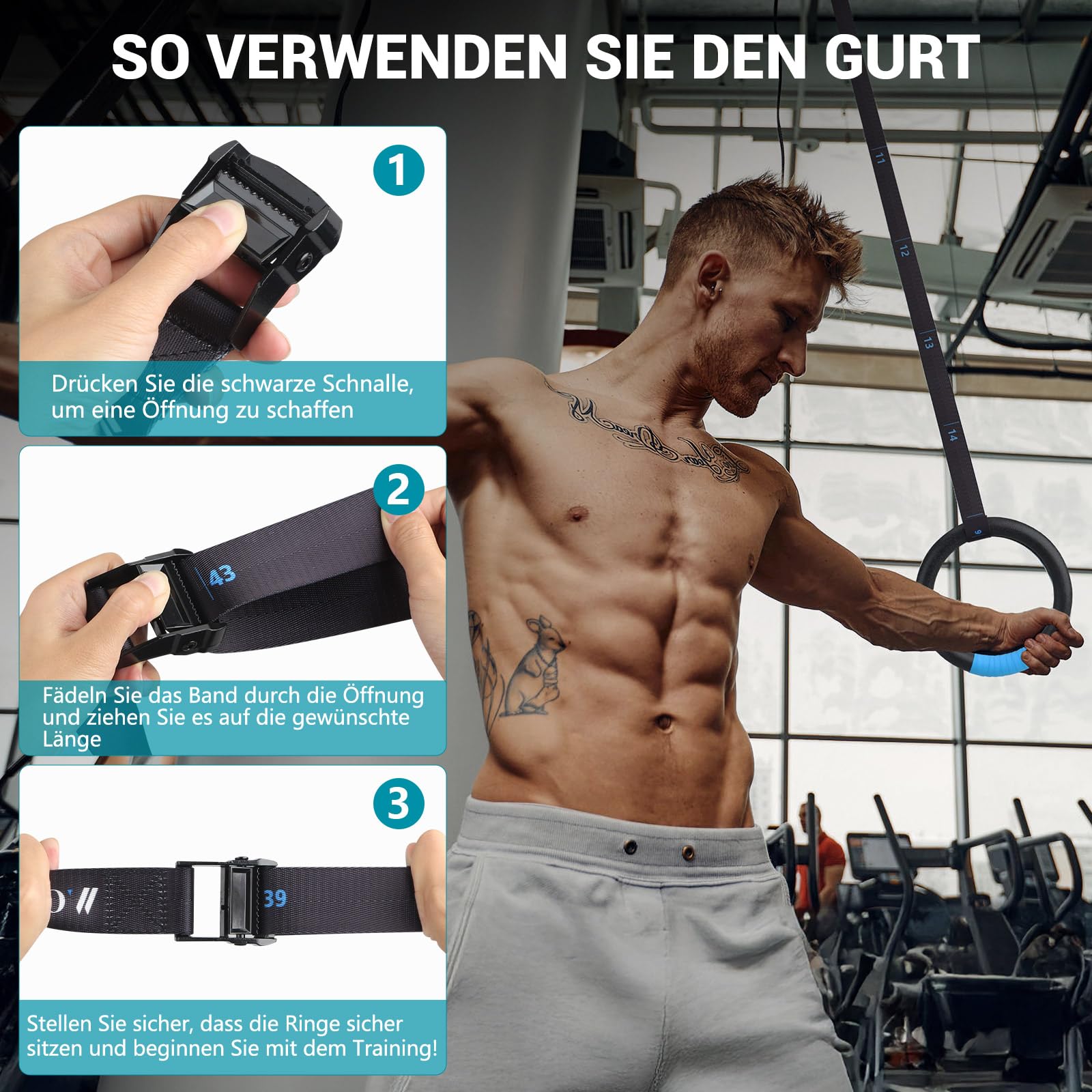 MOCOBO Turnringe, Ringe Turnen, Gym Rings, Calisthenics Ringe, Fitness, ABS Gymnastikringe mit Hochfeste Polyester-Gurtbänder, Blaues Griffband, Zinklegierungs-Schnallen für Indoor & Outdoor Training
