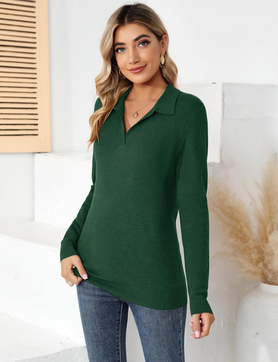 Romanstii Women's Knitted Collared Sweaters Long Sleeve V-Neck Polo Shirts Winter Pullover Tops - Image 5