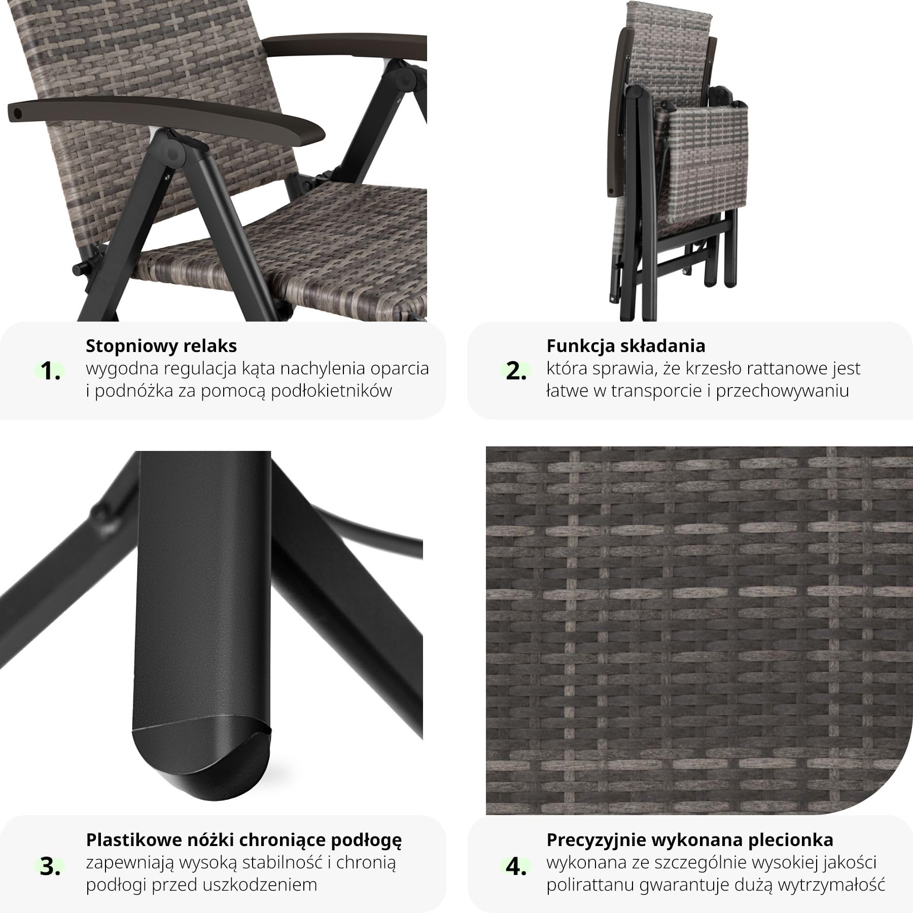 tectake®, Składany Fotel Ogrodowy, Rattanowe Krzesło Relaksacyjne, Regulacja Oparcia, Podnóżek, Plecionka UV, Aluminium, Antypoślizgowe Nóżki, Leżak Plażowy, Balkonowy, Na Taras (Szary)