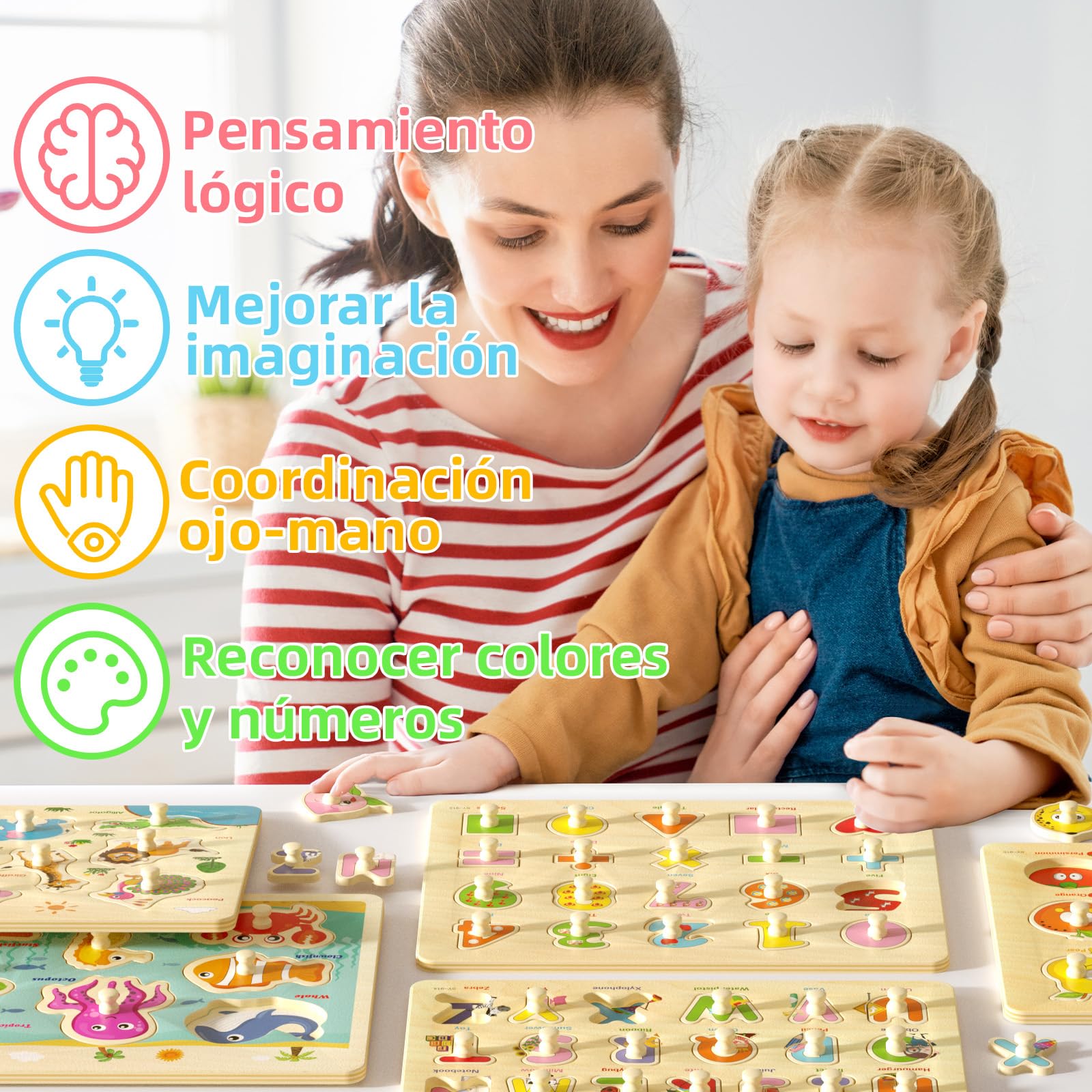 Paquete de 6 Rompecabezas de Madera para Niños de 2 a 4 Años, Juguetes Educativos Montessori con Alfabeto, Números, Animales, Vehículos y Formas
