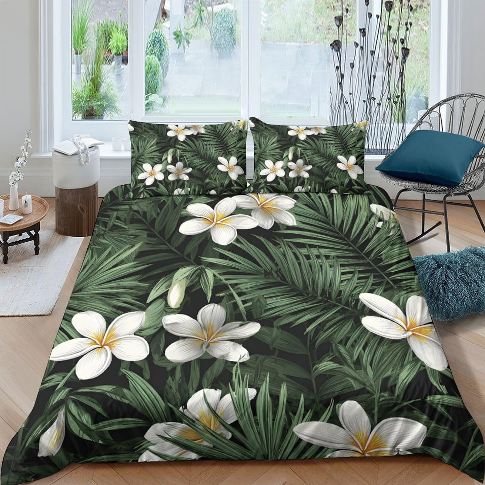 Ctjqhvkz Style-7 3D Printed Tropical Leaf Fitted Sheet Microfiber Soft Breathable White Plumeria Bed Cover For Bedroom Dorm Mattress Protection Decor Single（135X200cm）