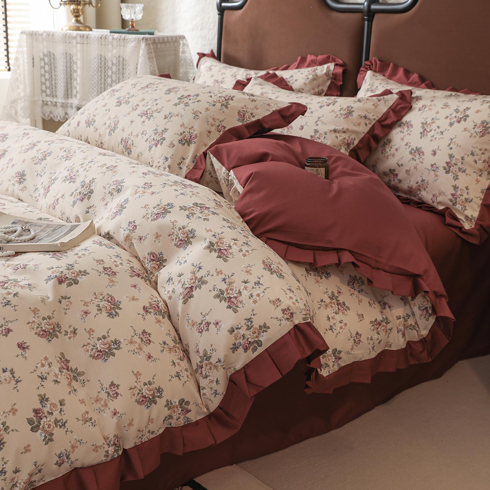 VM VOUGEMARKET Floral Duvet Cover Set Queen 100% Cotton Red Ruffle Comforter Cover 3 Pcs Romantic Princess Bedding Duvet Cover with Zipper Ties for Teen Girls