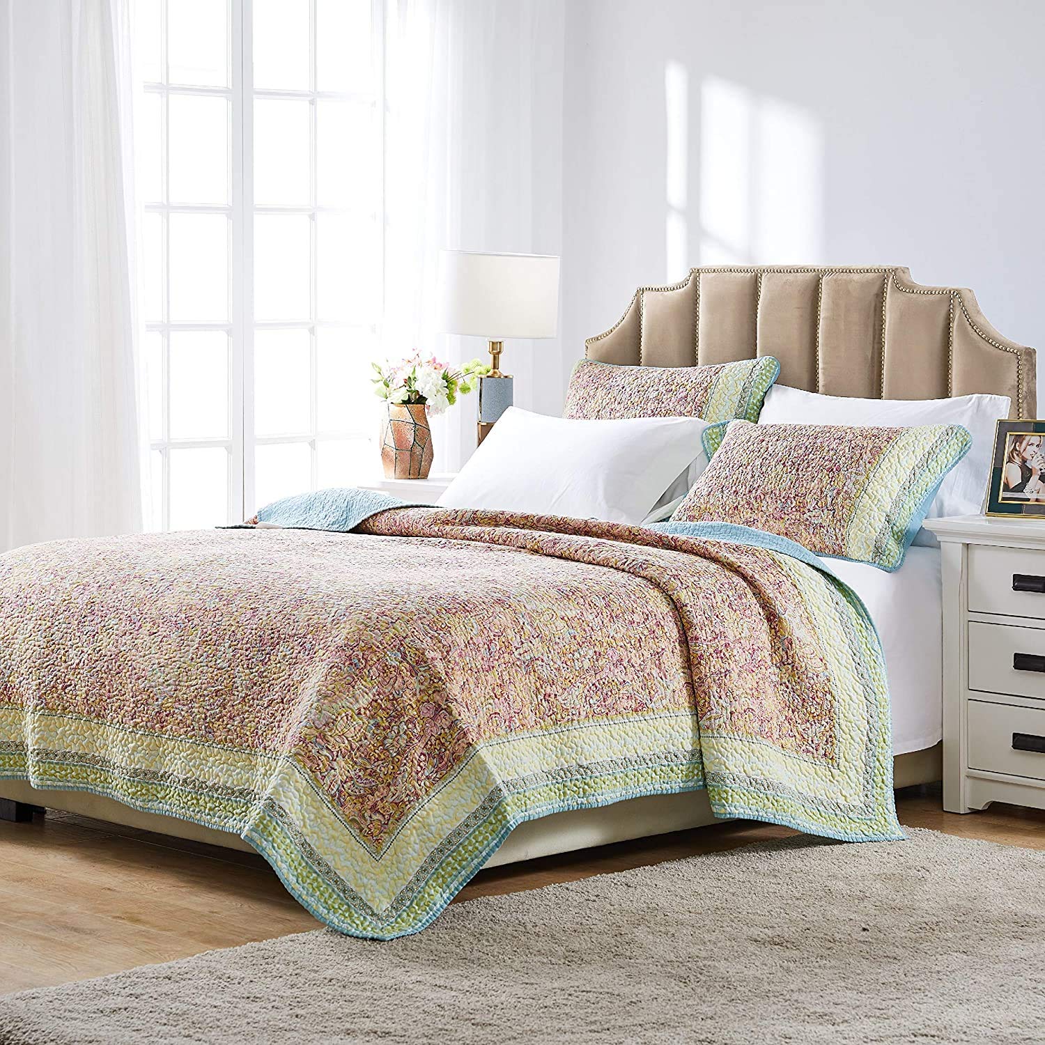 Greenland Home Fashions Palisades Modern Floral Bordered Cotton Quilt Set, 2-PieceTwin/XL, Pastel