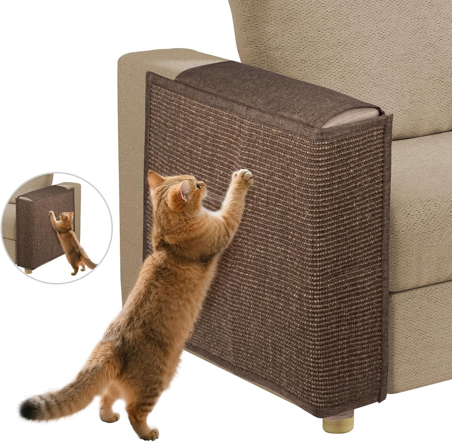 Couch Cat Scratch Protector-Universal Couch Protector from Cat Claws for Both Sofa Arm Sides,Color-Matched Sisal Pad, Couch Corner Cat Scratcher(Brown)