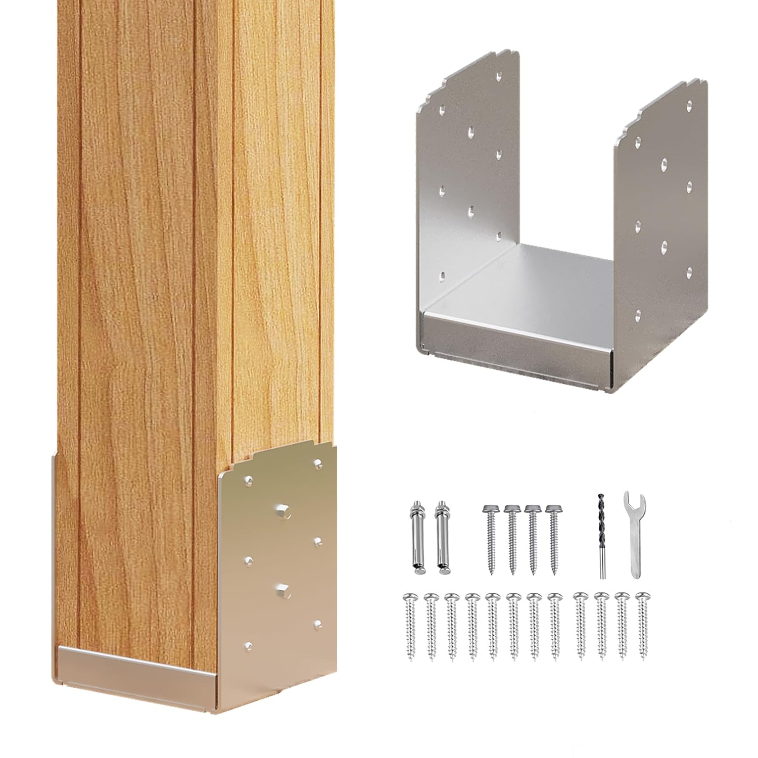 1pcs 4"x 4" stainless steel post base, adjustable post anchor (inner size: 3.62" x 3.5"), decorative anchor plate for post brackets for gazebo, deck, porch, handrail wood railing support 4 x 4 inch 1