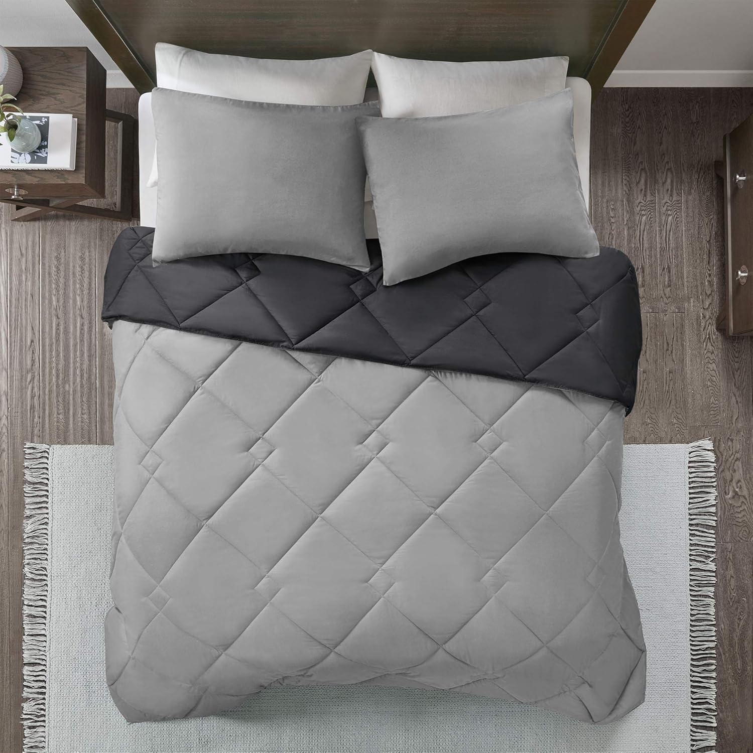 Comfort Spaces Vixie Reversible Comforter Set - Trendy Casual Geometric Quilted Cover, All Season Down Alternative Cozy Bedding, Matching Sham, Black/Gray, Full/Queen 3 piece - Image 11
