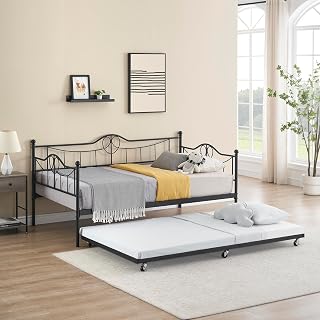 GAOMON Twin Daybed with Trundle Bed, Sofa Bed Frame with Steel Slat Support, Space-Saving, No Box Spring Needed, Multifunctional Furniture for Living Room, Bedroom, Love Heart Design, Black