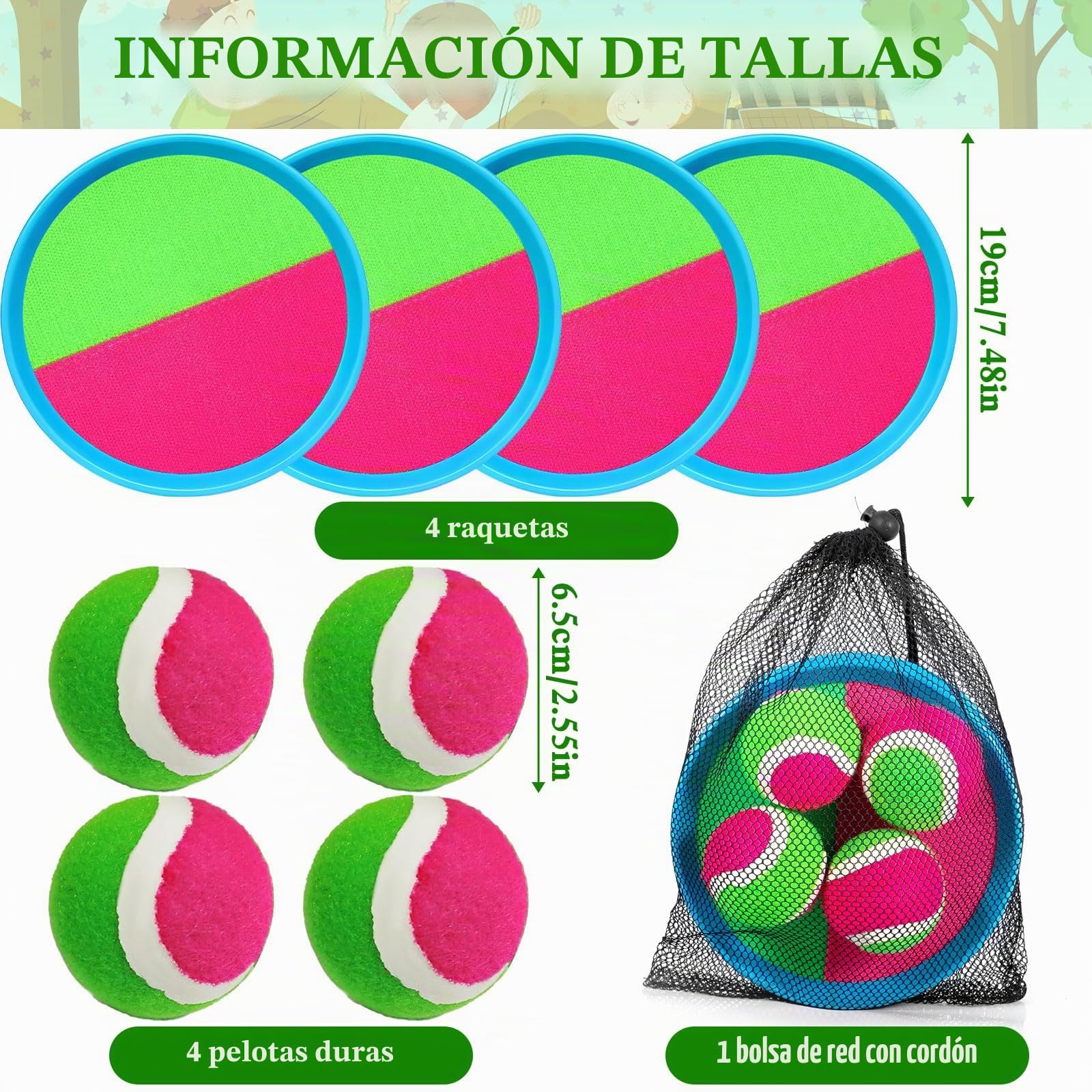 Juguetes Playa Juego de Bola y Lanzamiento Adecuado para niños de 3 4 5 6 años Ligero Klettballspiel Lanzamiento Pelota Juegos niño Adulto con 4 Raquetas 4 Pelotas Adecuado para Jardines